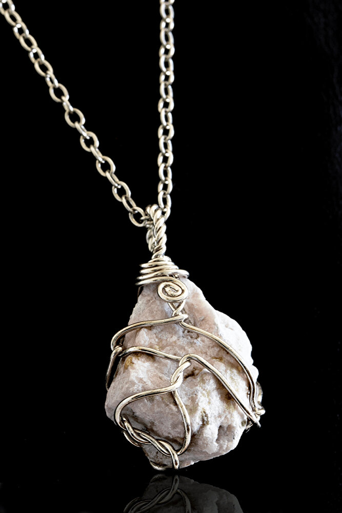 Sertifikalı Ham Tel Sargılı Beyaz Kalsit Taşı Kolye