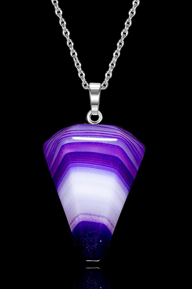 Sertifikalı Damarlı Mor Akik Taşı Pandül Kolye