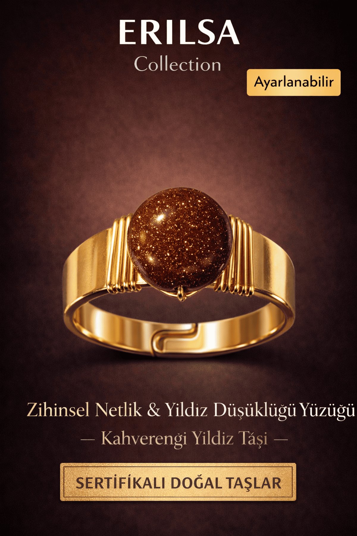 Sertifikalı Zihinsel Netlik Yüzüğü – Kahverengi Yıldız Taşı Doğal Taş – Ayarlanabilir