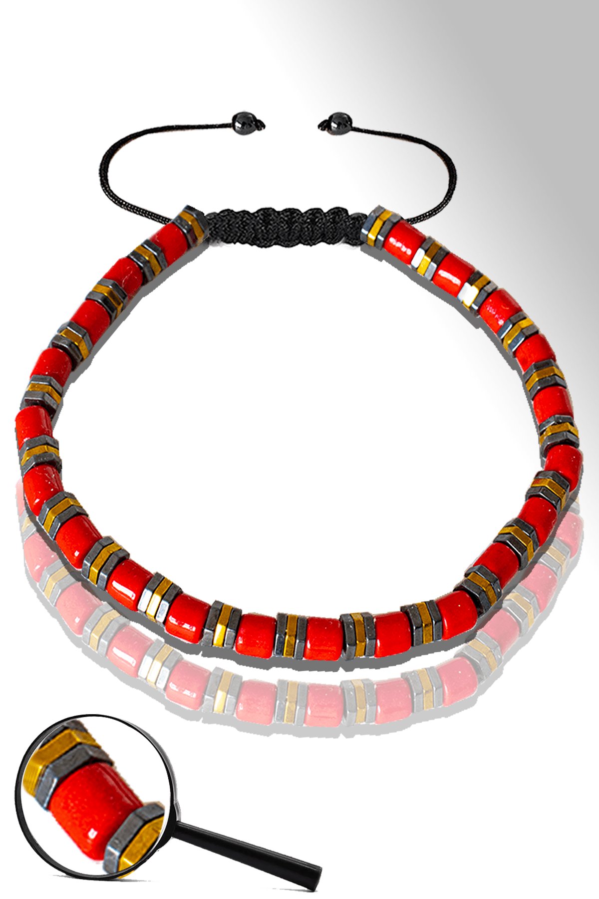 Sertifikalı Gold Silver Hematitli Kırmızı Mercan Taşı Bileklik - Ayarlamalı