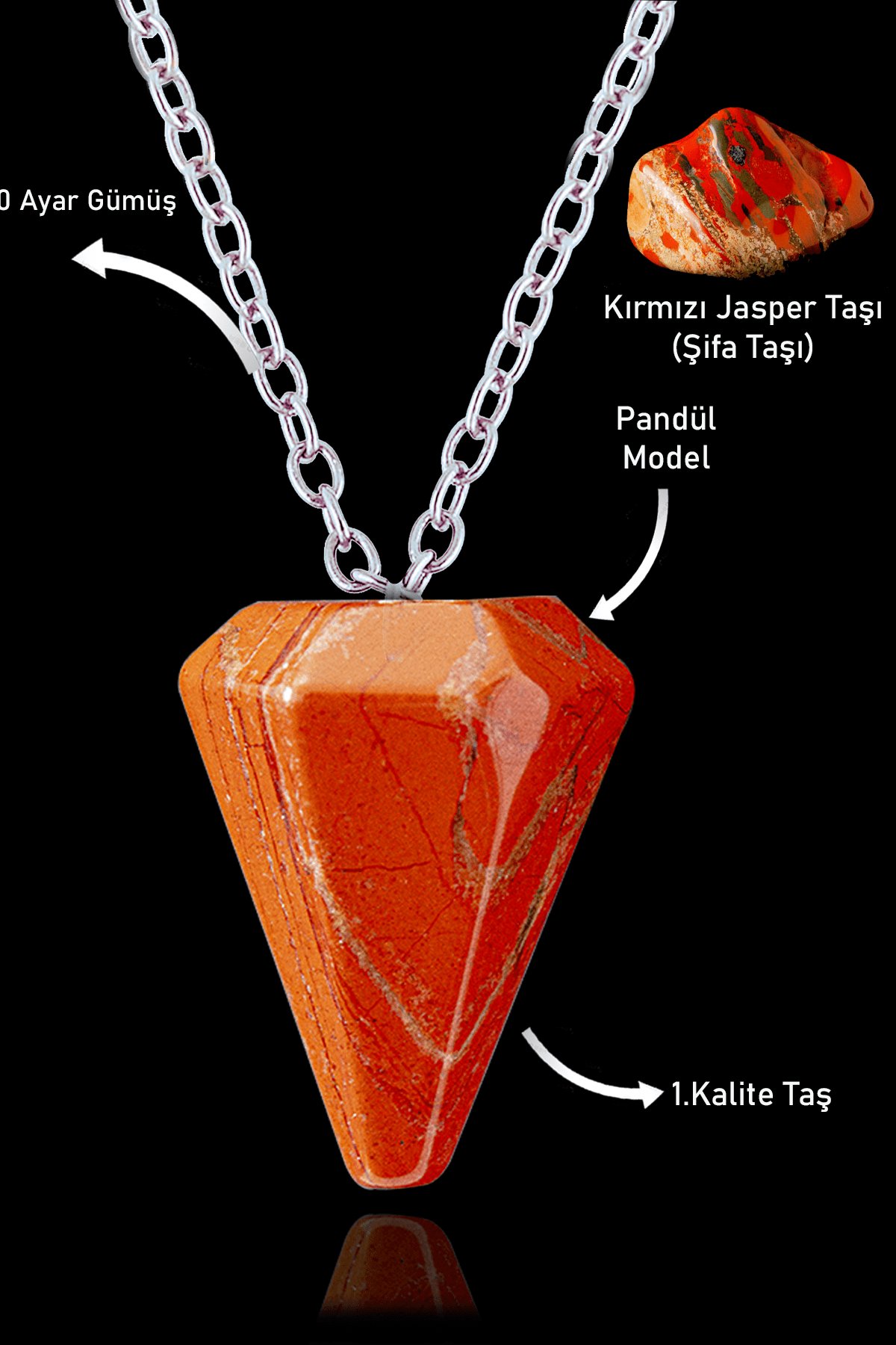 Sertifikalı Orijinal Pandül Model Kırmızı Jasper Taşı Kolye