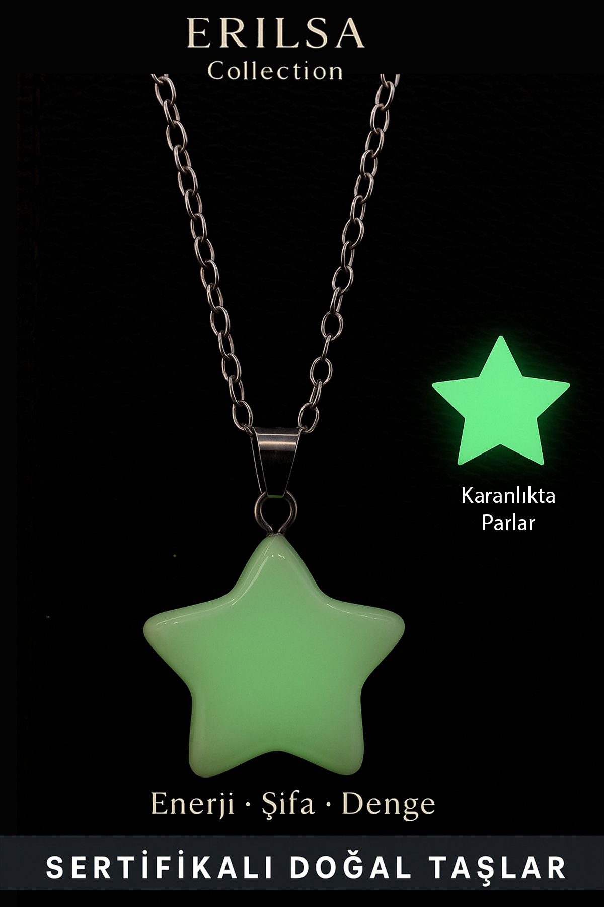 Sertifikalı Fosfor Taşı Yıldız Kolye - Karanlıkta Parlayan Enerji Şifa ve Denge Taşı