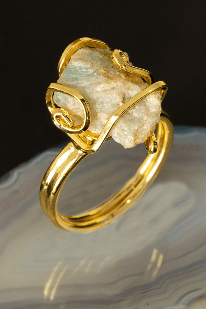 Sertifikalı Rokoko Model Ham Amazonit Taşı Yüzük - Ayarlamalı