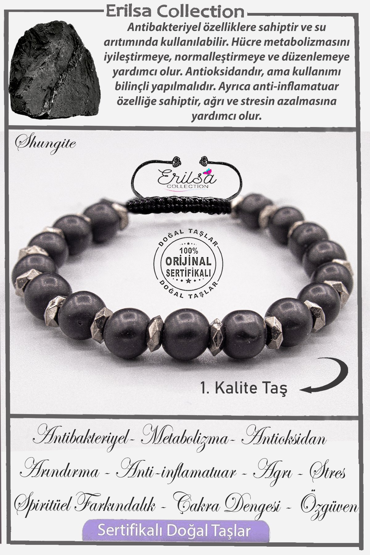 Sertifikalı AAA+ Kalite Gerçek Terahertz - Şungit (Shungite) Taşı Bileklik