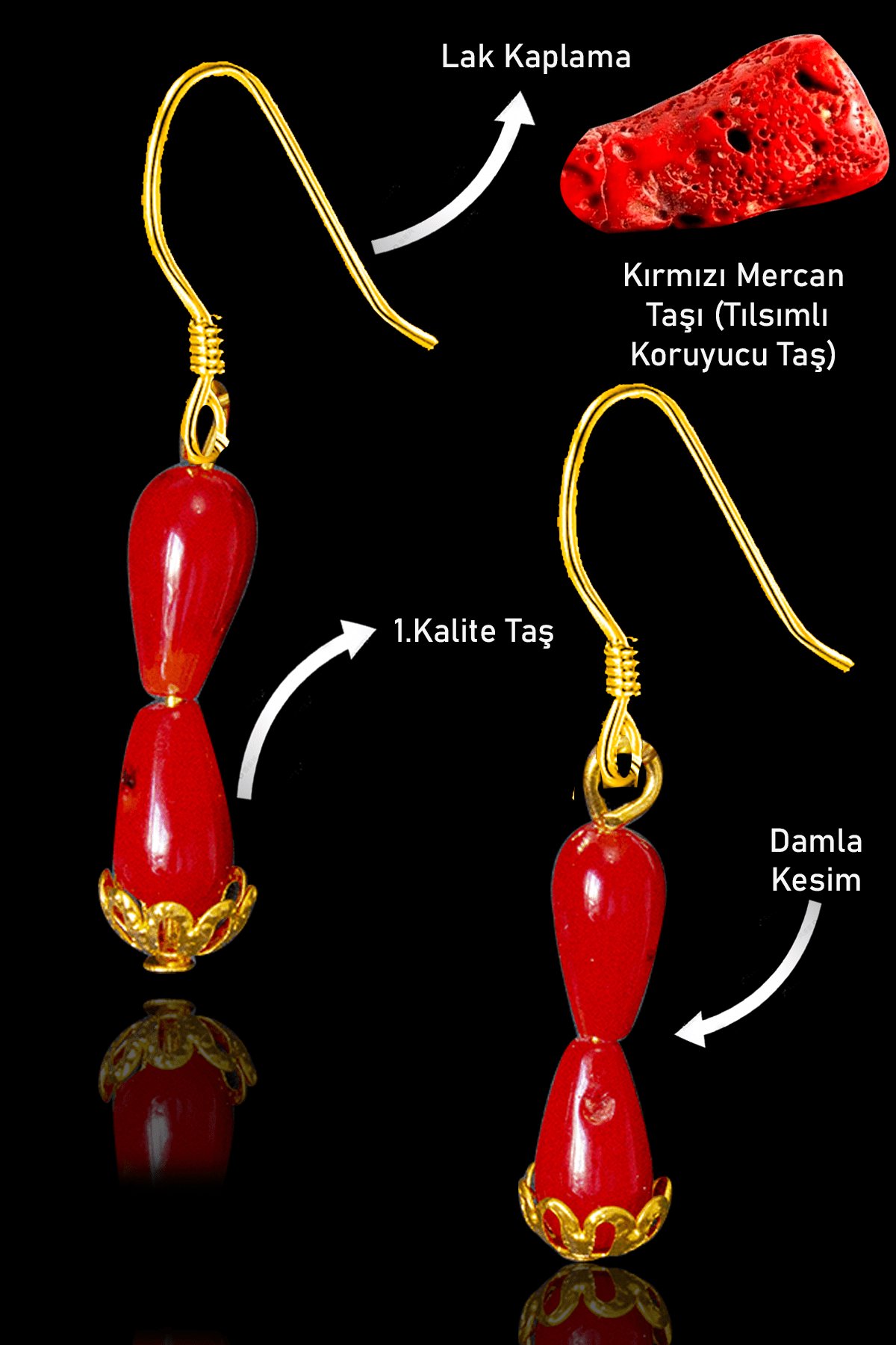 Sertifikalı 24k Altın Kaplama Damla Model Gerçek Kırmızı Mercan Taşı Küpe