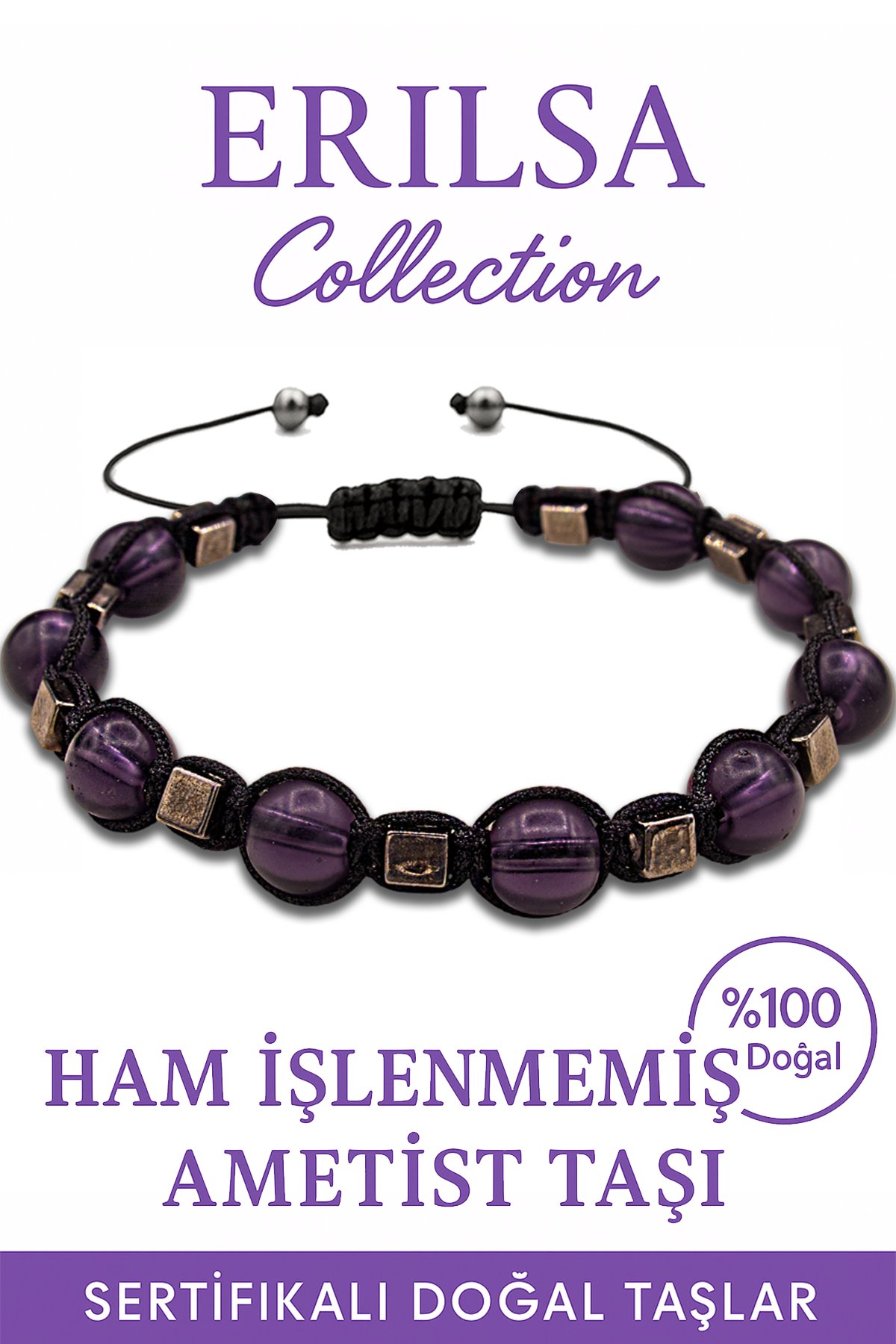 Sertifikalı Ham İşlenmemiş Terahertz – Ametist Taşı Bileklik – Sakinlik ve Şifa Enerjisi