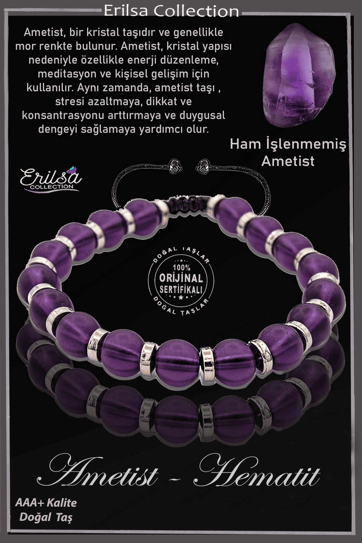 Sertifikalı Ham İşlenmemiş Hematit -  Mor Ametist Taşı Bileklik