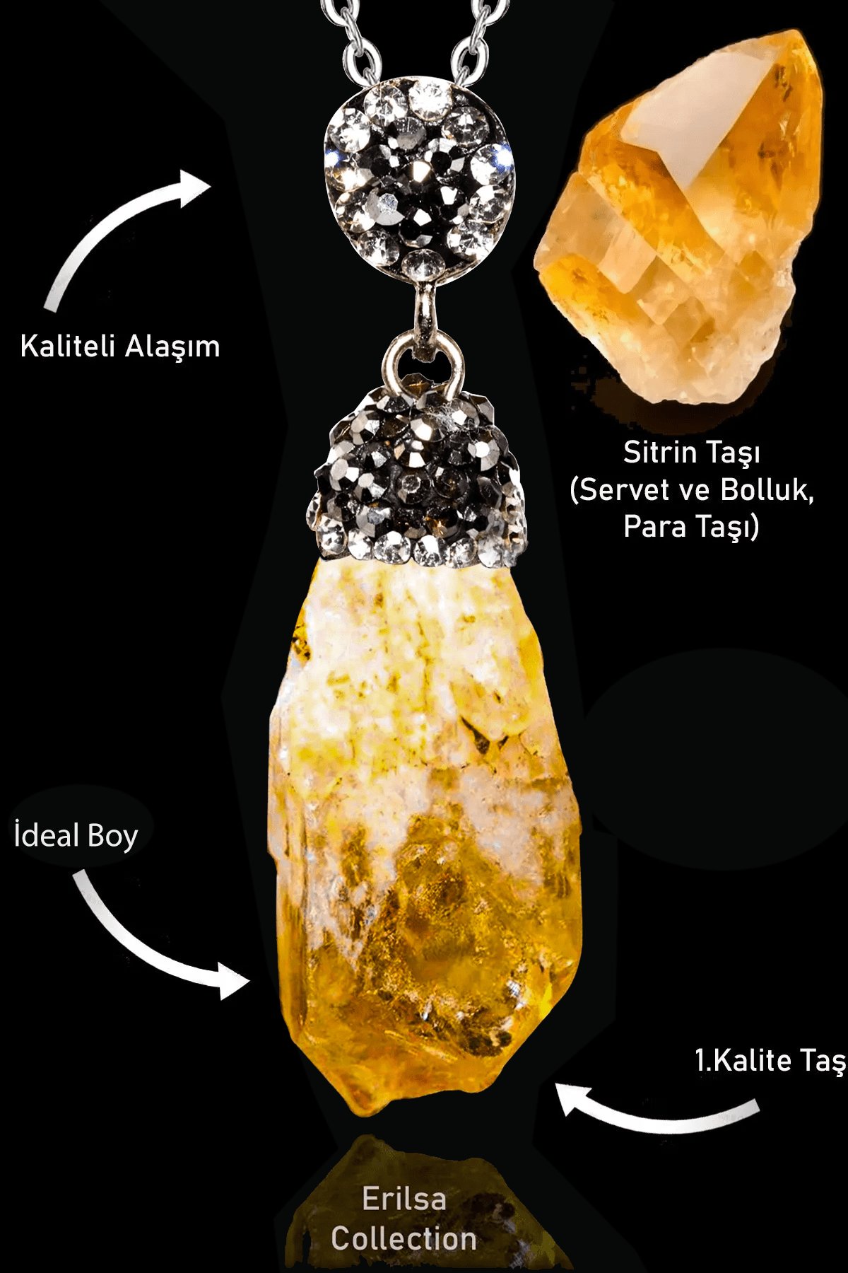 Sertifikalı Zirkon Taşlı Ham İşlenmemiş Sitrin Taşı Kolye