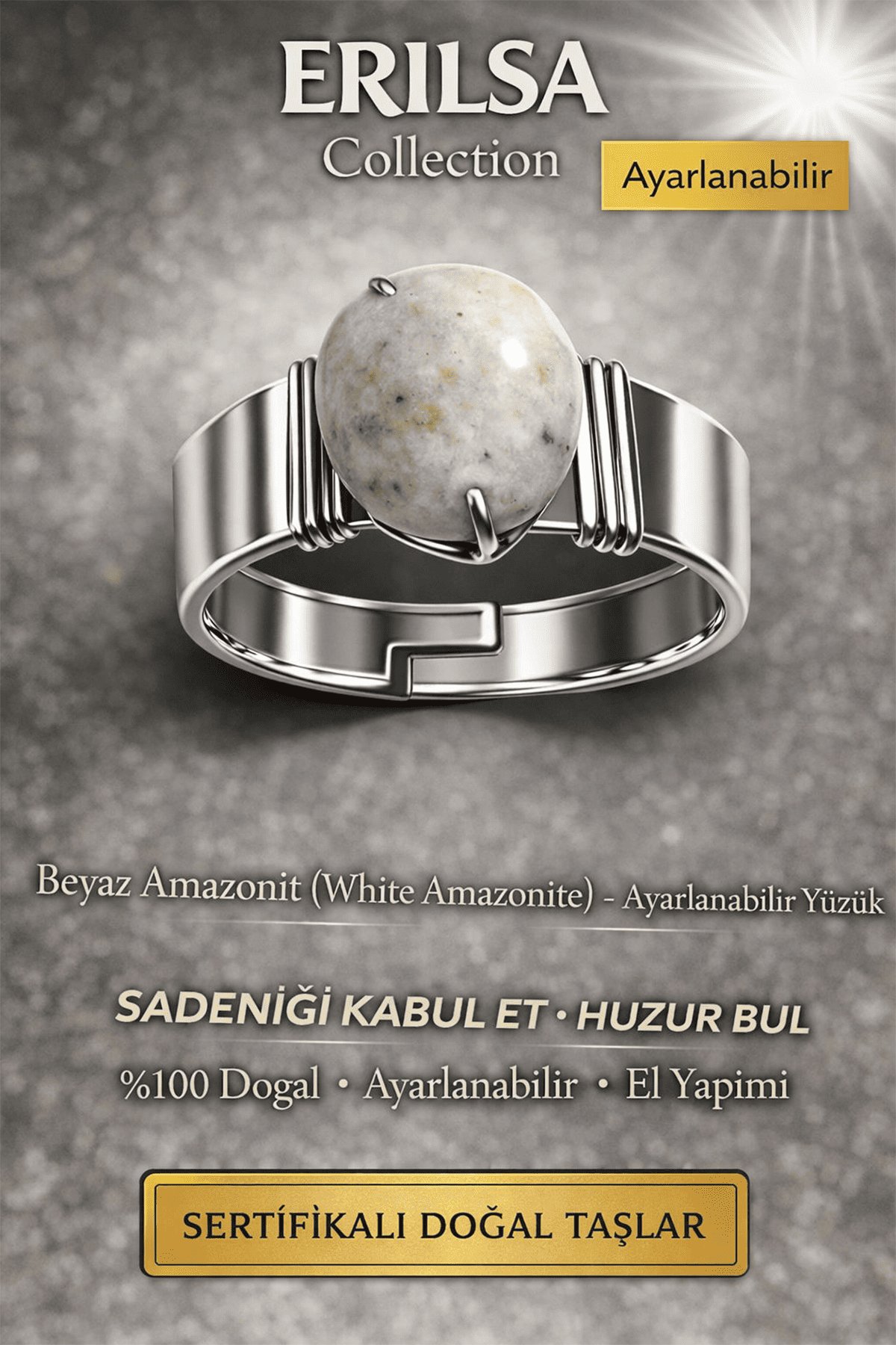 Sertifikalı Beyaz Amazonit Doğal Taş Ayarlanabilir Yüzük – Huzur ve Denge Taşı