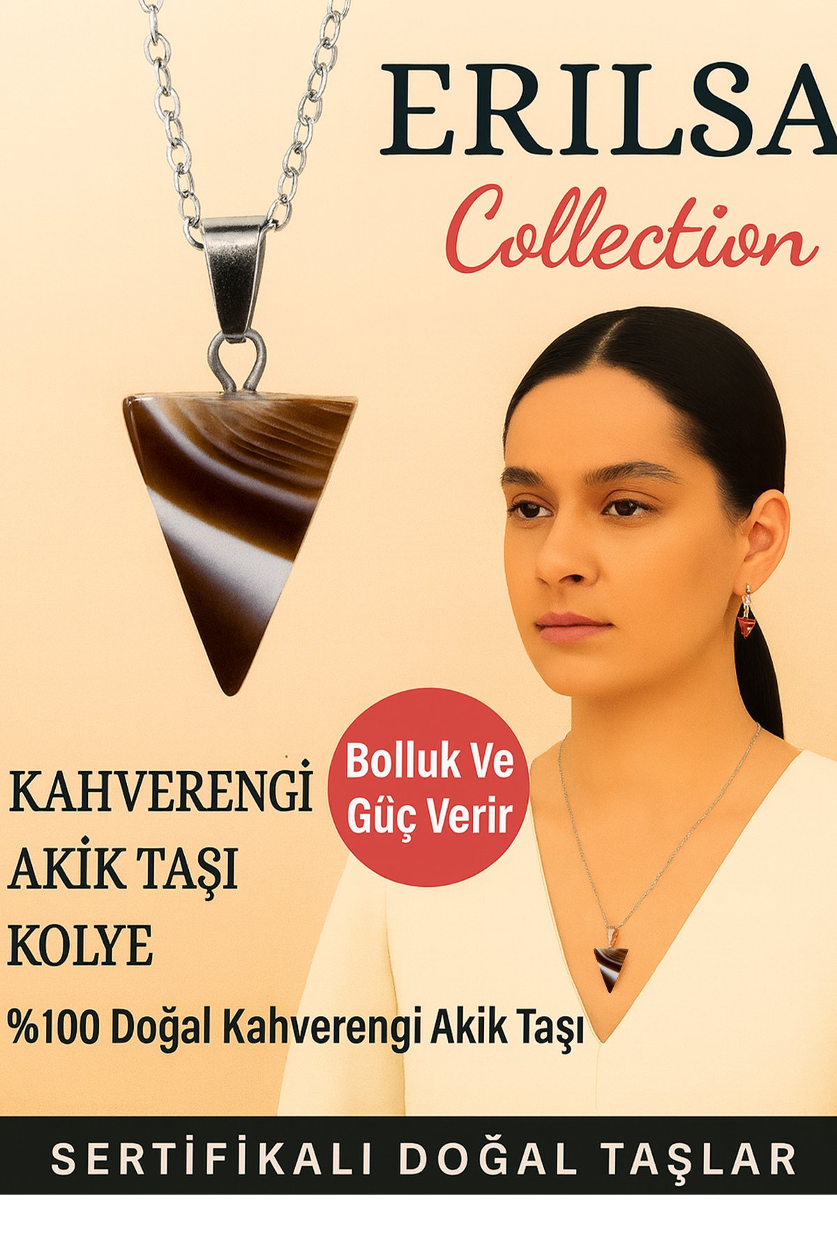 Sertifikalı Piramit Model Kahverengi Akik Taşı Kolye - Bolluk ve Güç Veren Doğal Taş Takı