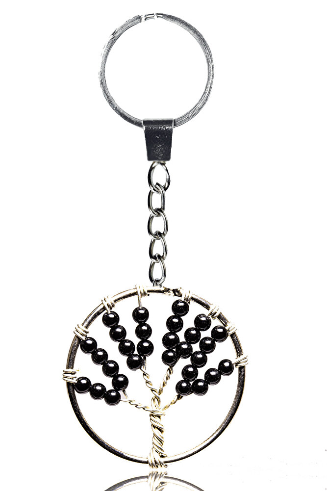 Sertifikalı Siyah Obsidyen Taşı Hayat Ağacı Doğal Taş Anahtarlık