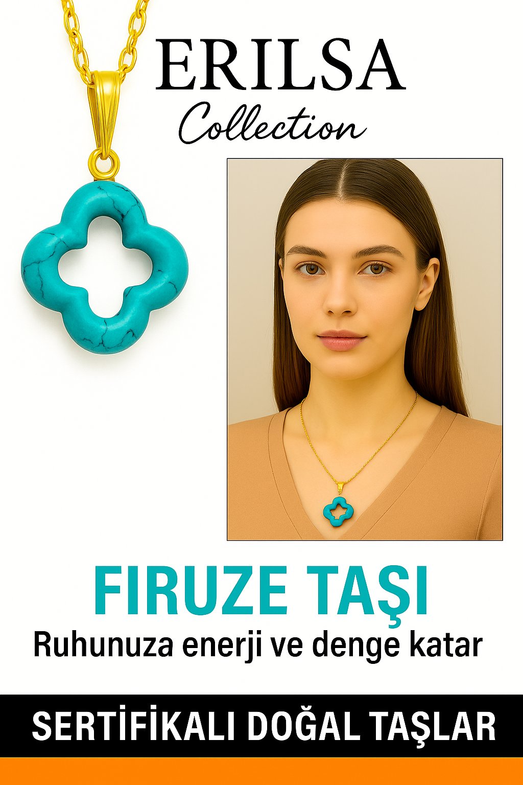 Sertifikalı Gold Yonca Model Firuze Turkuaz Taşı Kolye