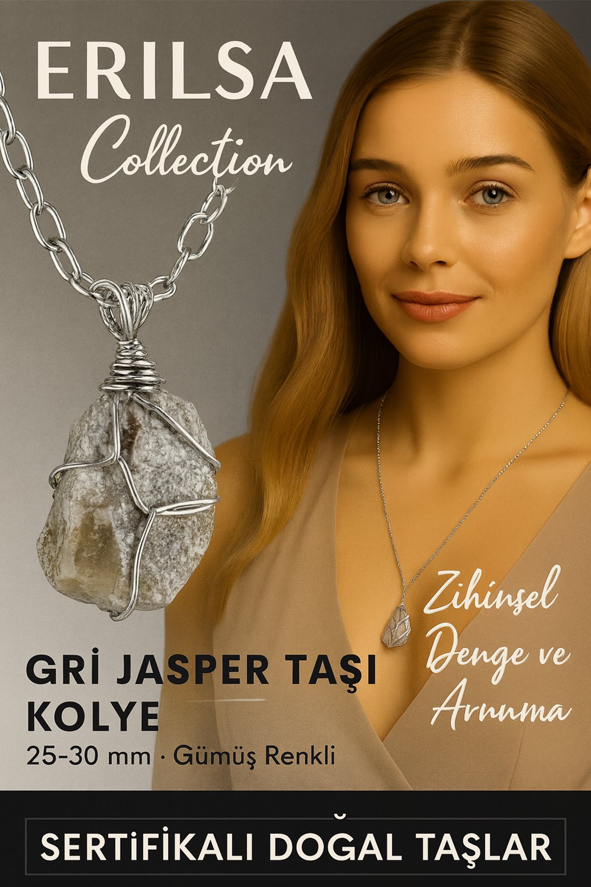 Sertifikalı Ham Doğal Gri Jasper Taşı Kolye – 25-30 mm Denge ve Koruma Taşı