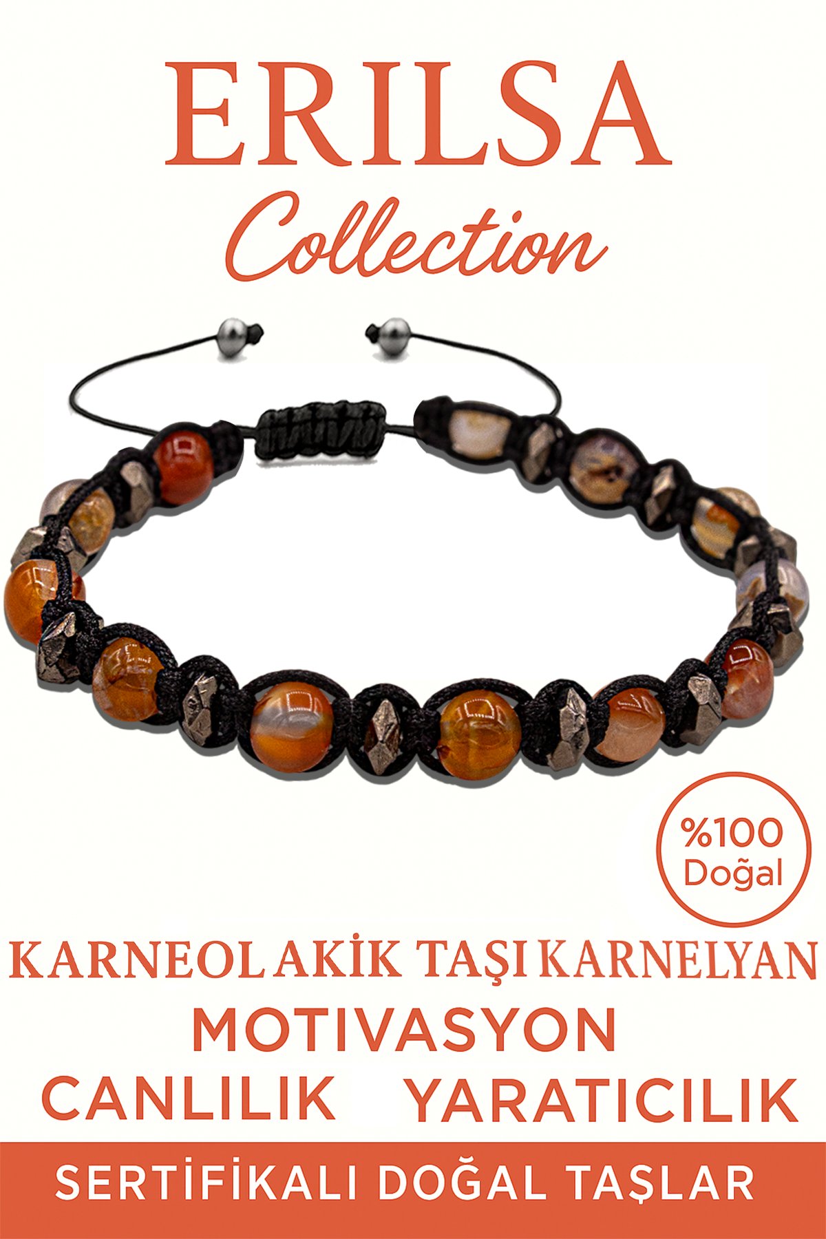 Sertifikalı Terahertz &amp; Karnelyan (Karneol) Akik Bileklik – Cesaret ve Yaşam Enerjisi