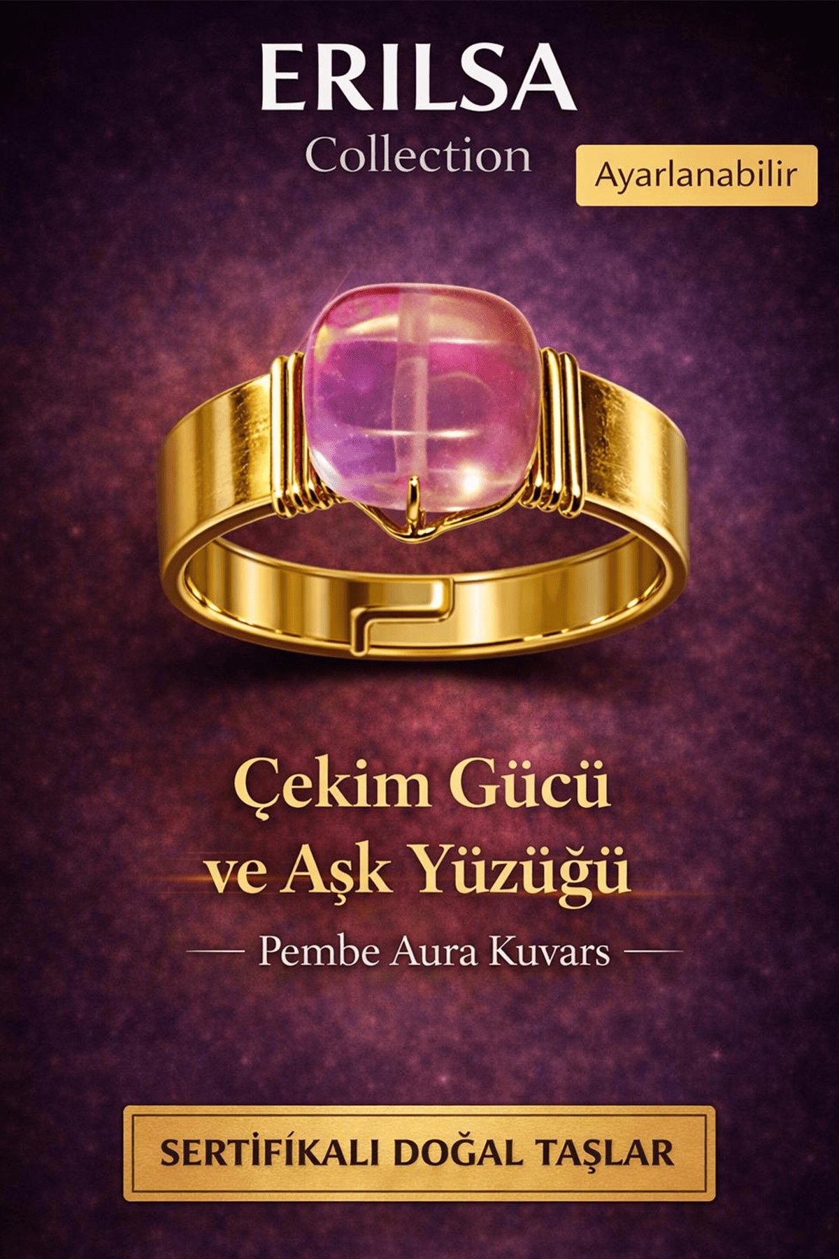 Sertifikalı Pembe Aura Kuvars Doğal Taş Yüzük – Çekim Gücü ve Aşk Ayarlanabilir