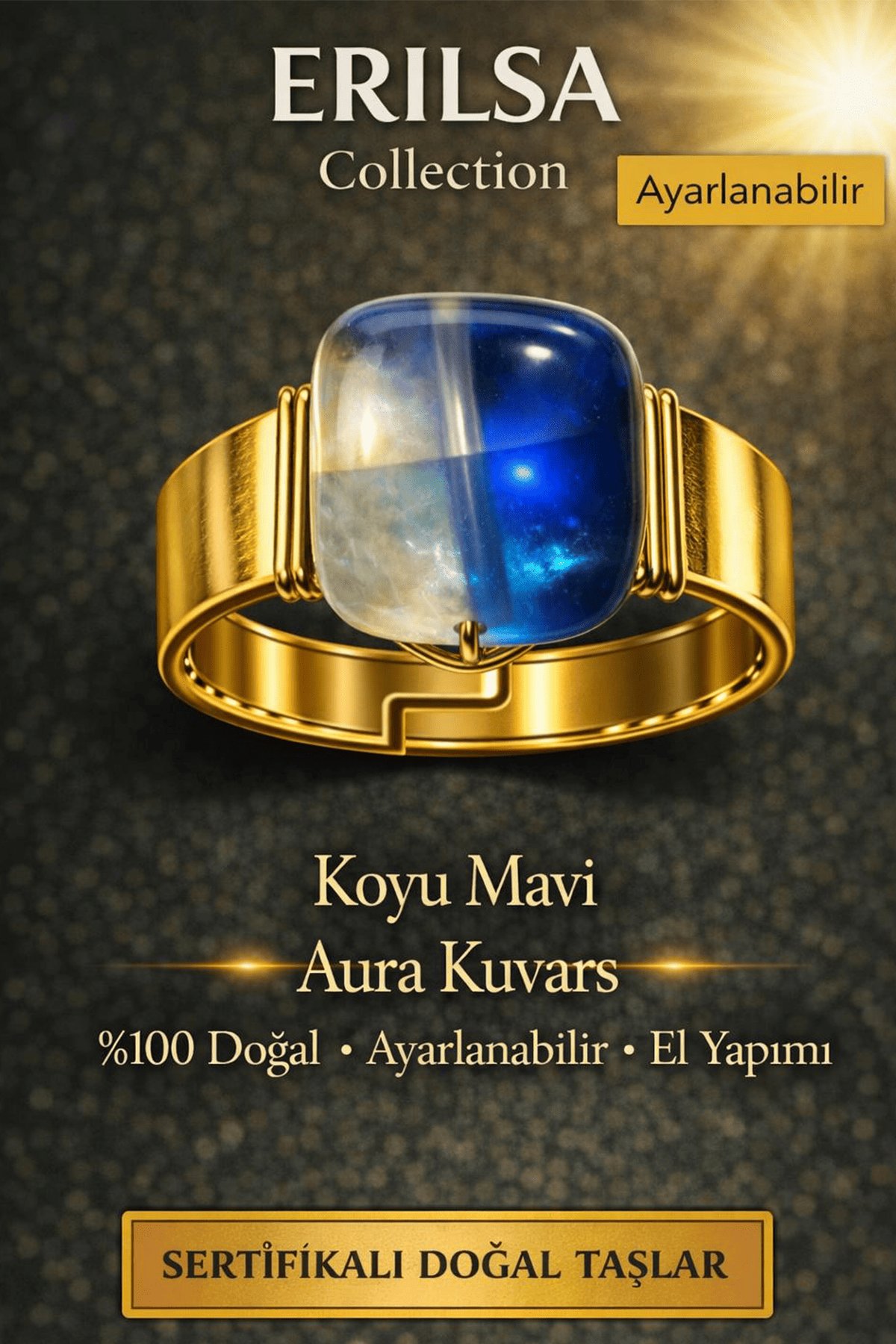 Sertifikalı Koyu Mavi Aura Kuvars Yüzük Doğal Taş Yüzük Ayarlanabilir El Yapımı