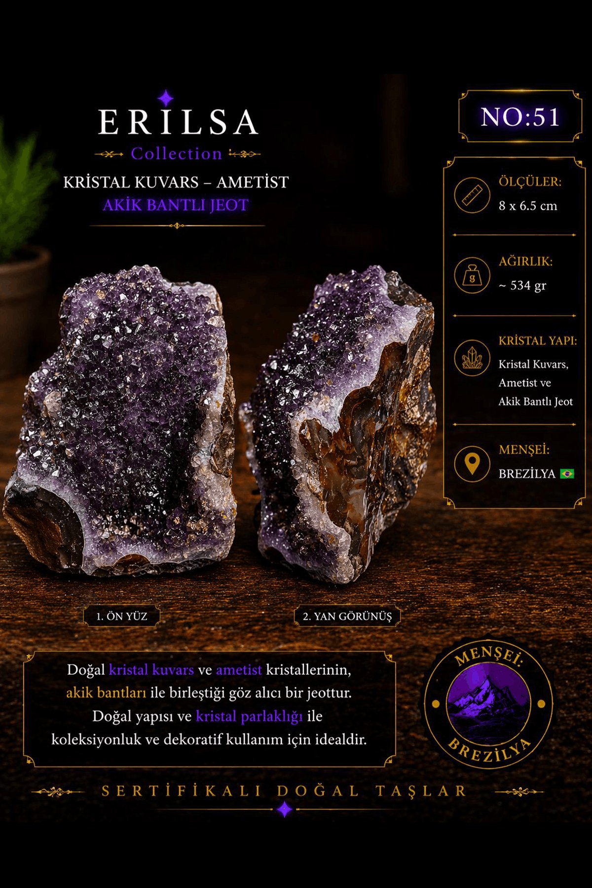 Sertifikalı Kristal Kuvars Ametist Akik Bantlı Jeot Doğal Dekoratif Taş NO51