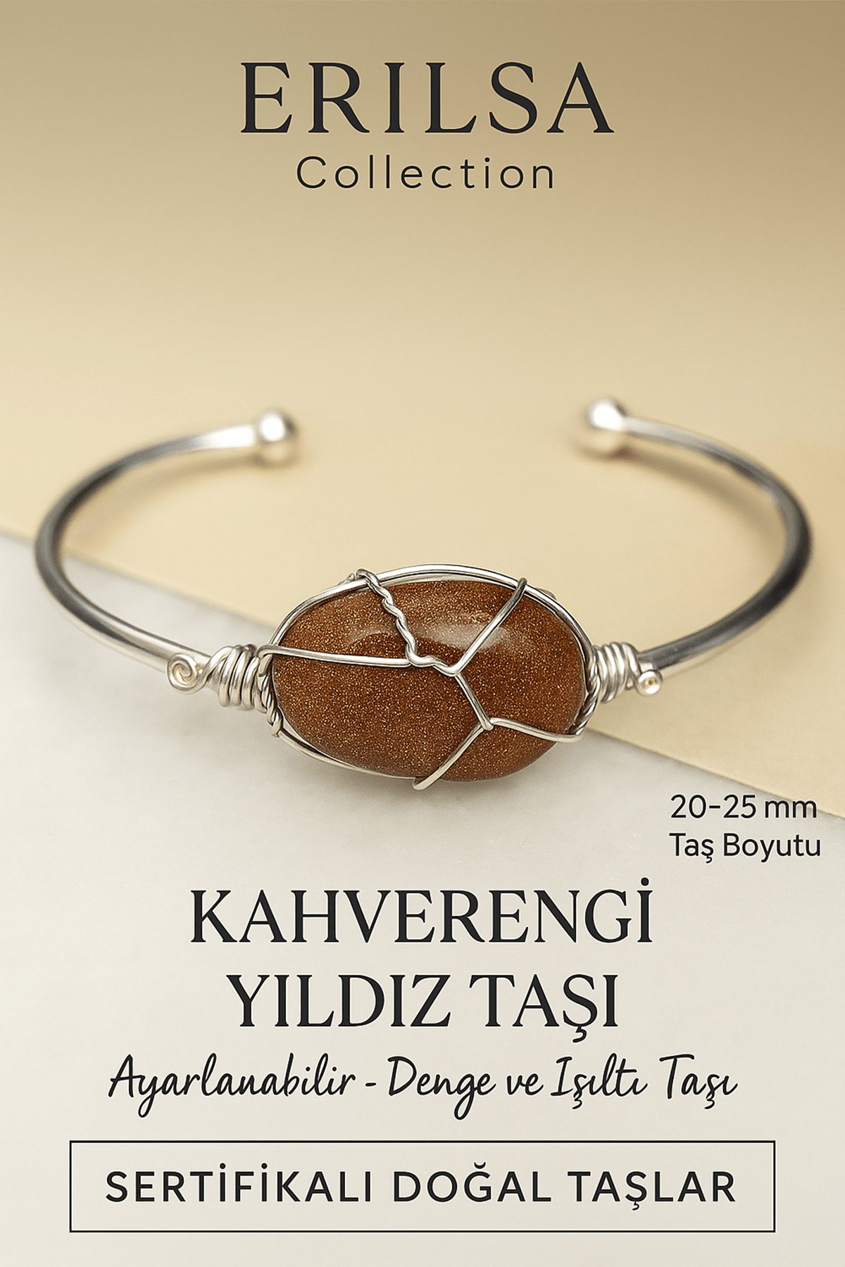 Sertifikalı Doğal Kahverengi Yıldız Taşı Ayarlanabilir Gümüş Kaplama Bileklik 20-25 mm