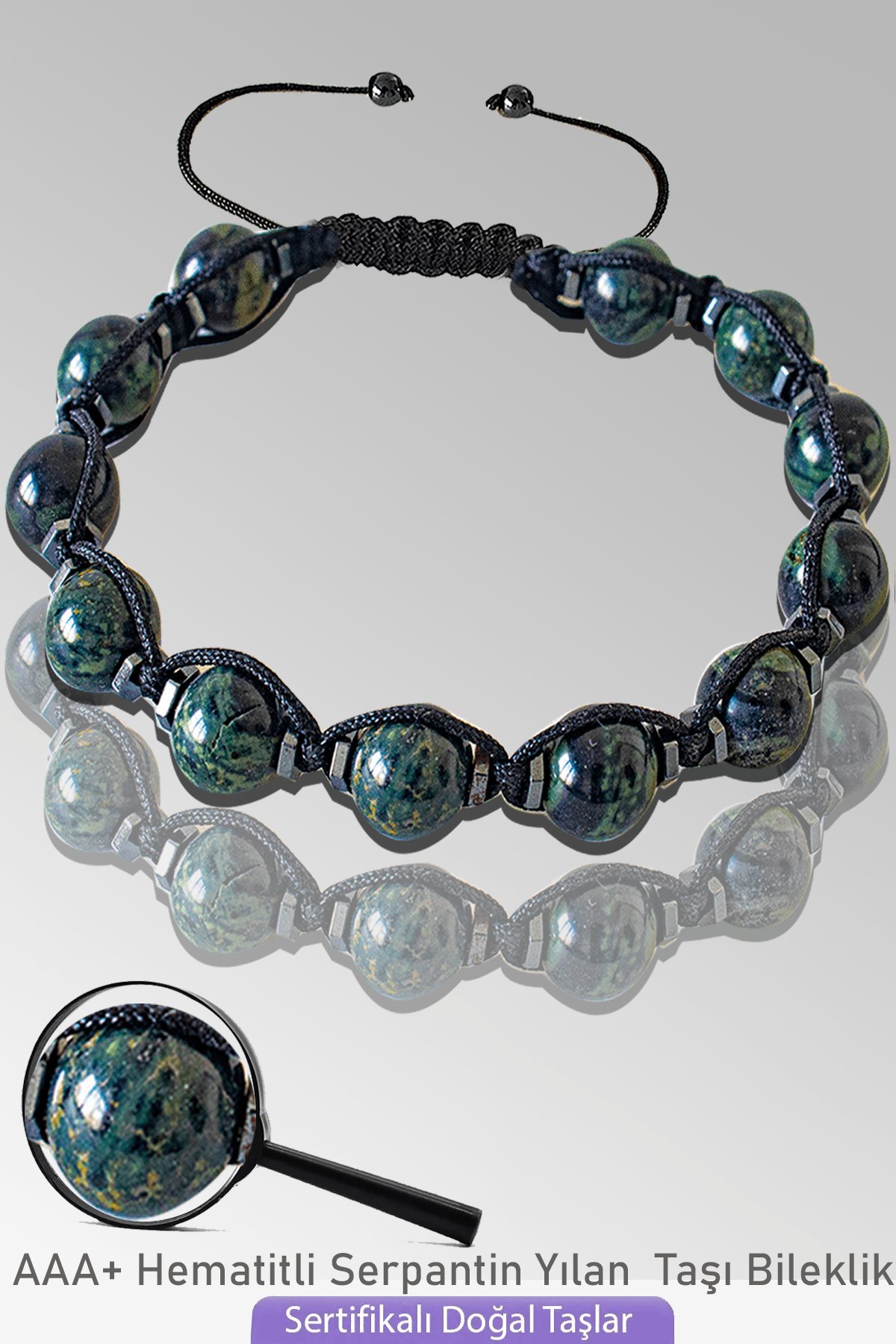 Sertifikalı Makrome Serpantin Yılan Taşı Bileklik - Ayarlamalı