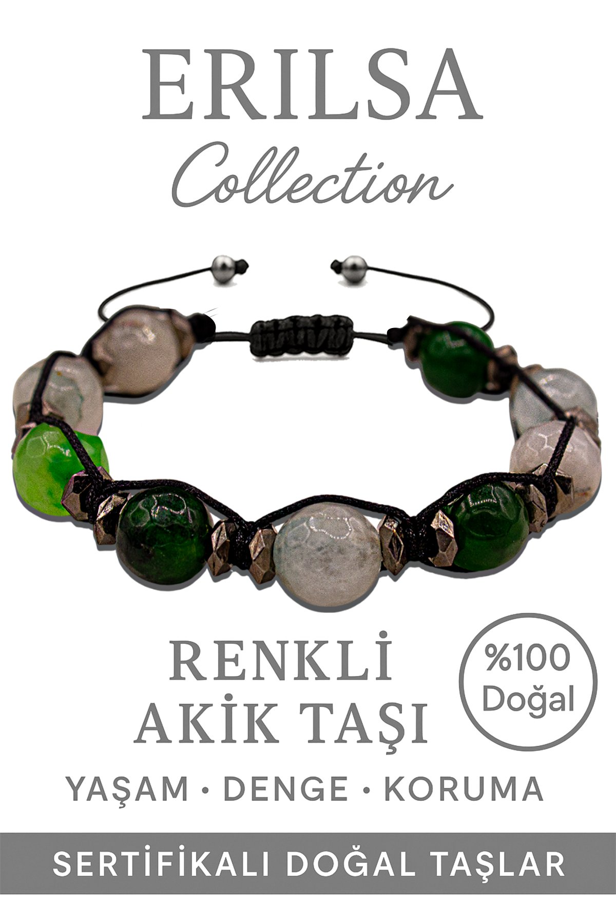 Sertifikalı İri Boy Terahertz &amp; Yeşil-Beyaz Akik Bileklik – Denge ve Saflık