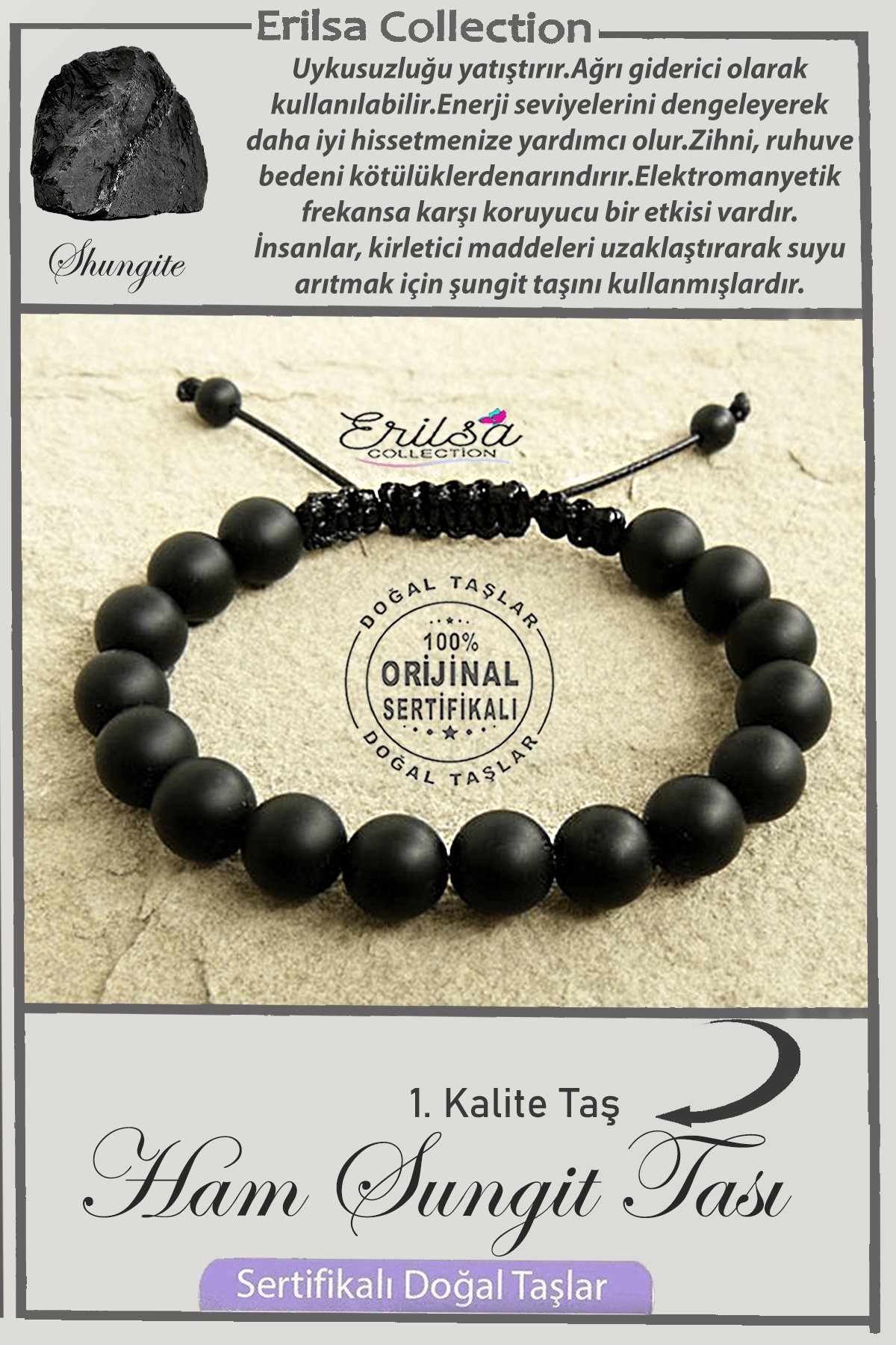 Sertifikalı Ham İşlenmemiş AAA+ Kalite Gerçek Şungit Taşı Bileklik - Shungite