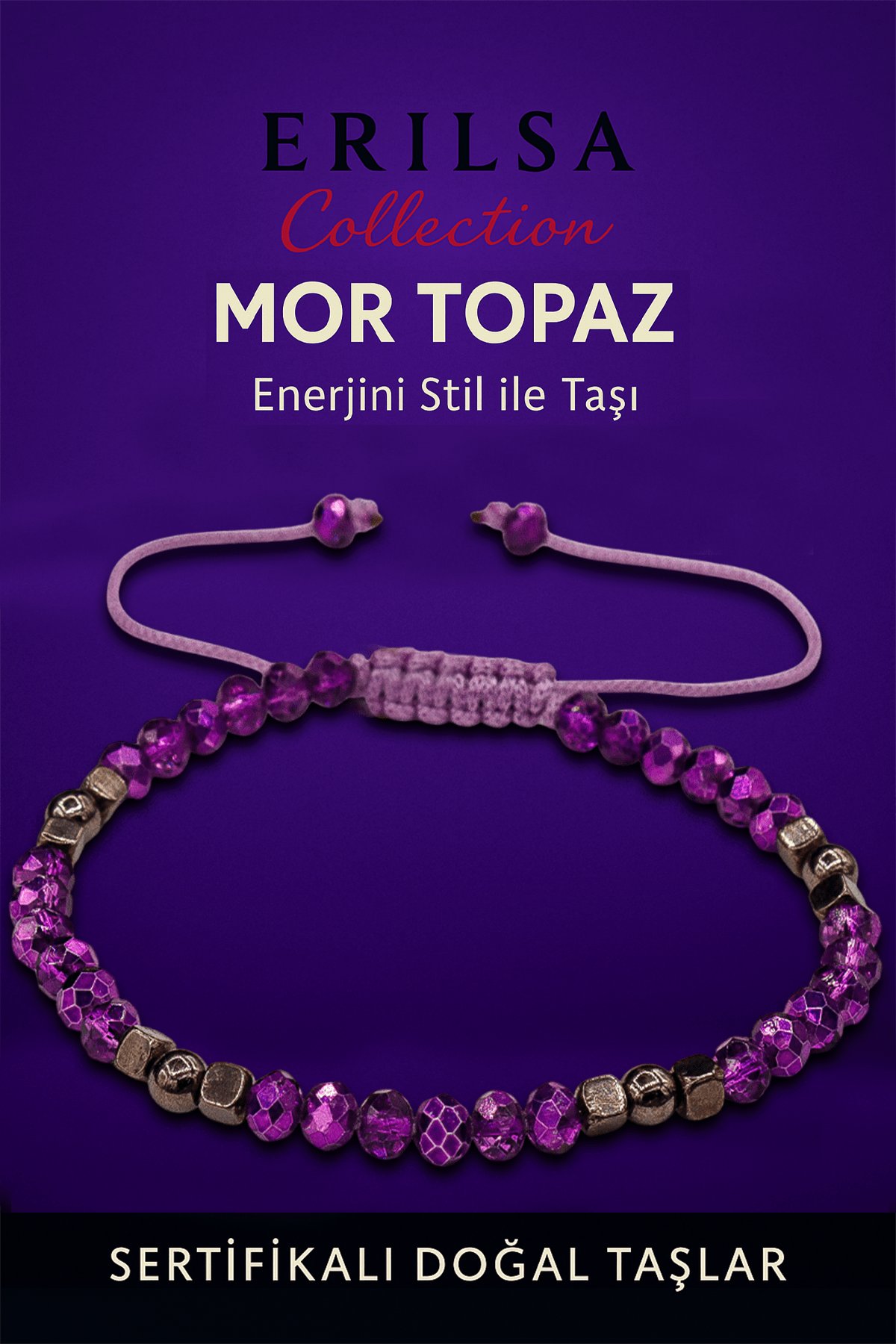 Sertifikalı Fasetli Terahertz Mor Topaz Doğal Taş Bileklik İnce Model – Şık Tasarım