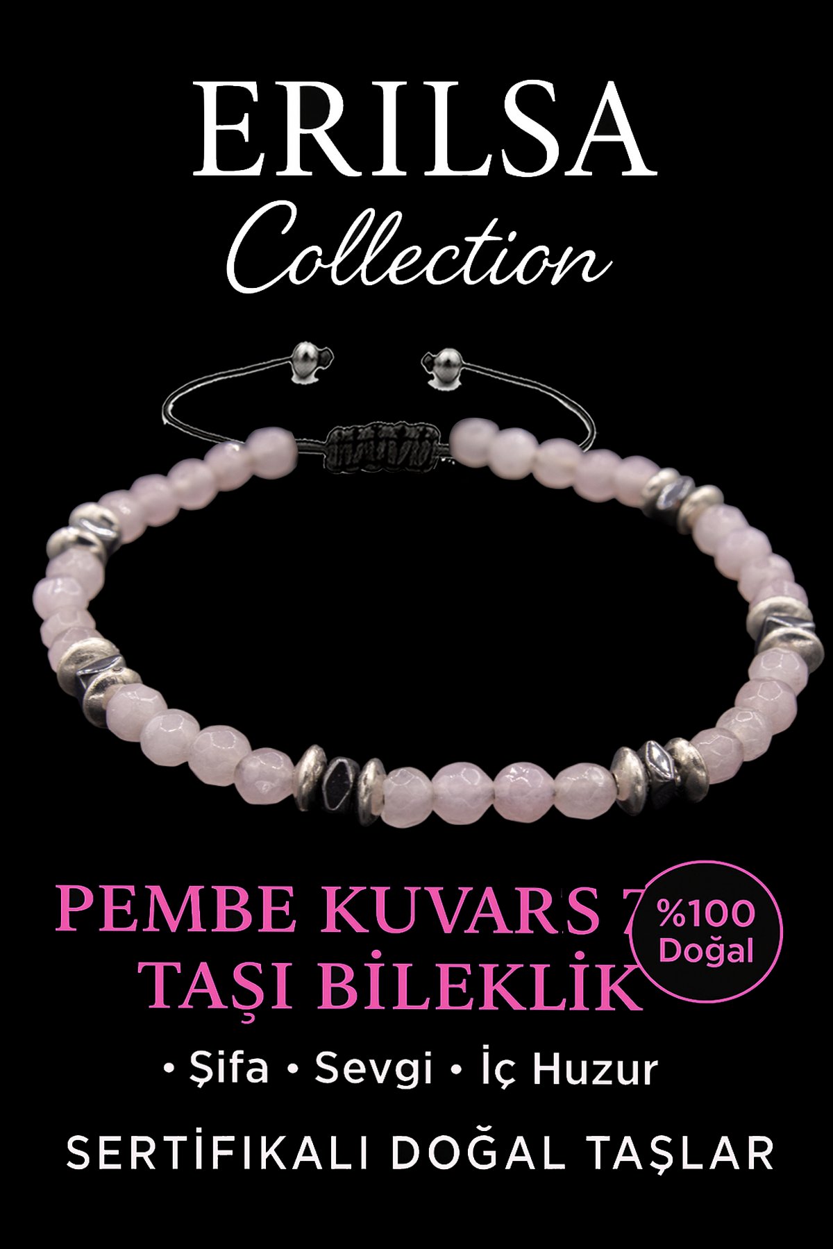 Ürün Adı: Sertifikalı Fasetli AAA+ Terahertz ve Pembe Kuvars Taşı Bileklik – İnce Model Şefkat ve Aşk
