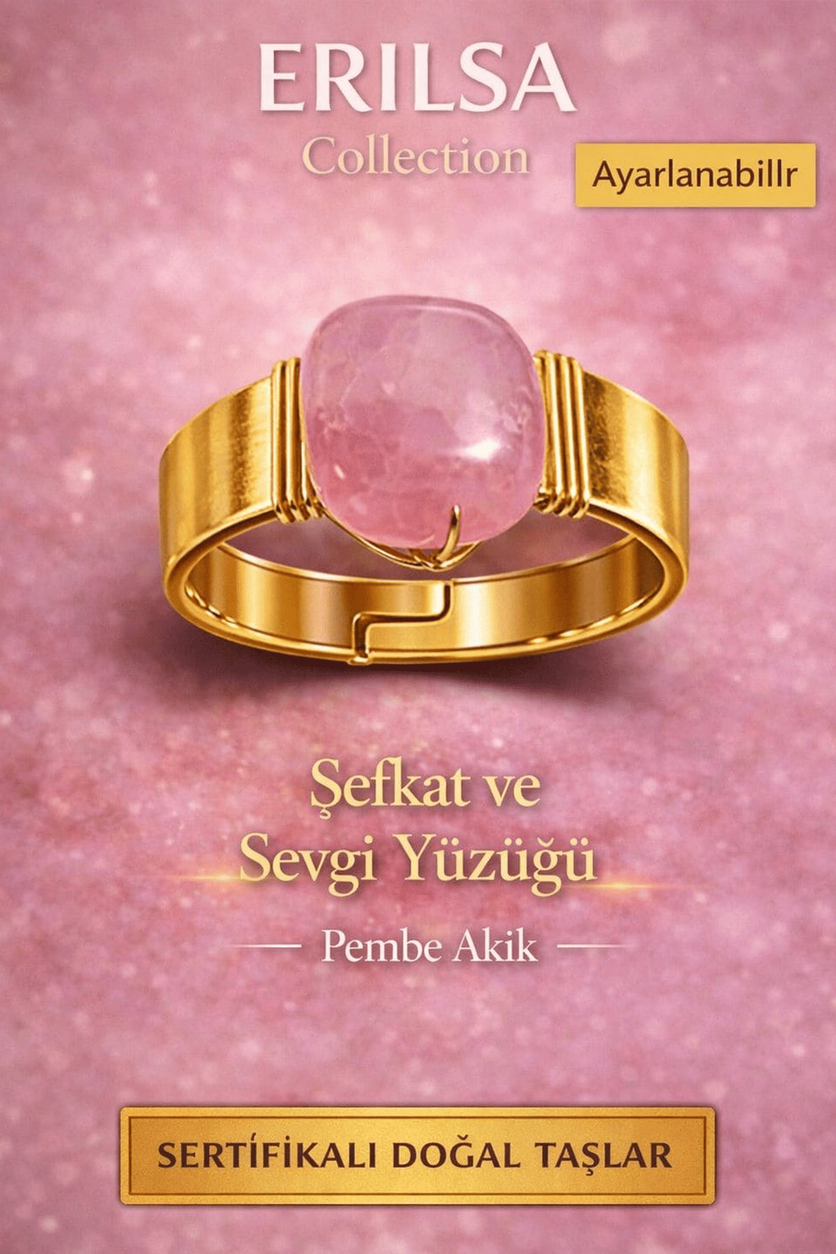 Sertifikalı Şeffaf Pembe Akik Doğal Taş Yüzük – Şefkat ve Sevgi Ayarlanabilir