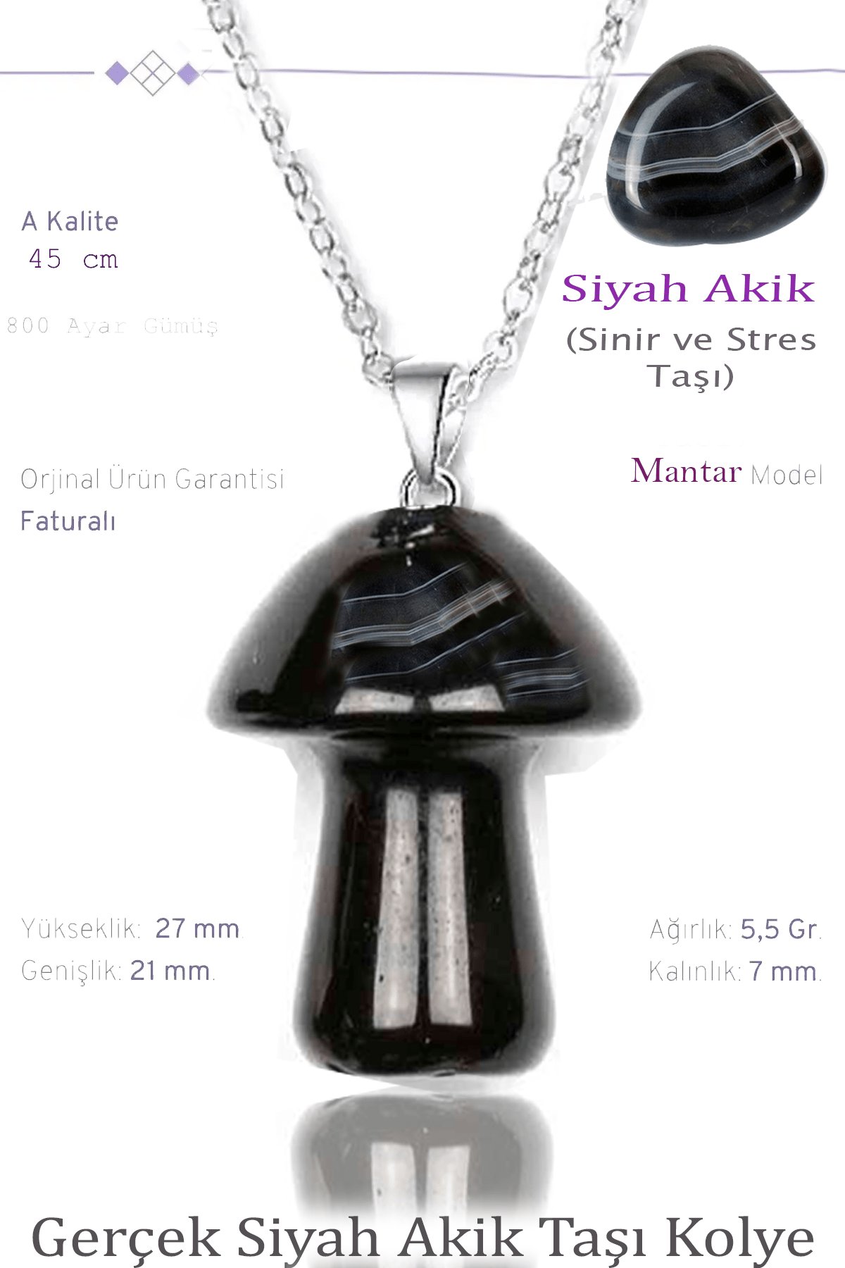 Sertifikalı Mantar Model Siyah Akik Taşı Kolye - G1ümüş Aparatlı