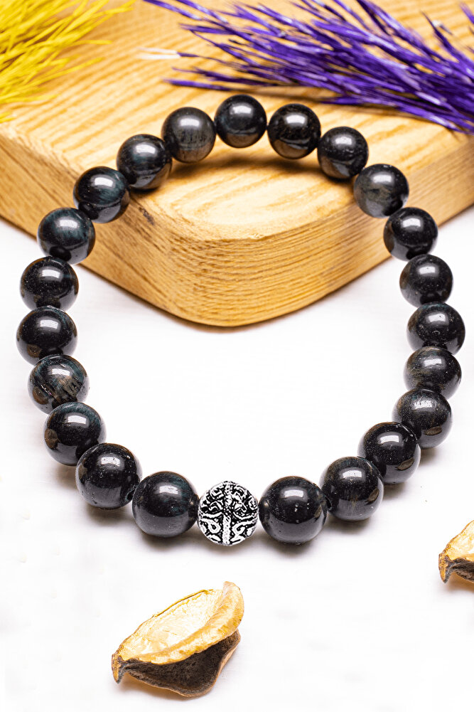 Sertifikalı Siyah Yeşil Kaplan Gözü Taşı Bileklik - Gümüş Aparatlı