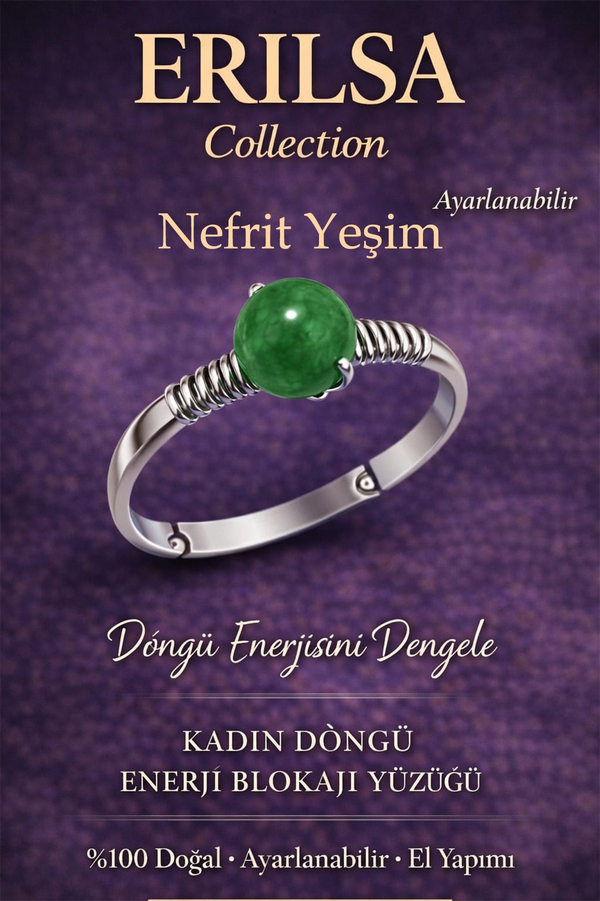 Sertifikalı Kadın Döngü Enerji Blokaj Yüzüğü – Nefrit Yeşim Taşı Ayarlamalı İnce Yengeç Boğa Terazi