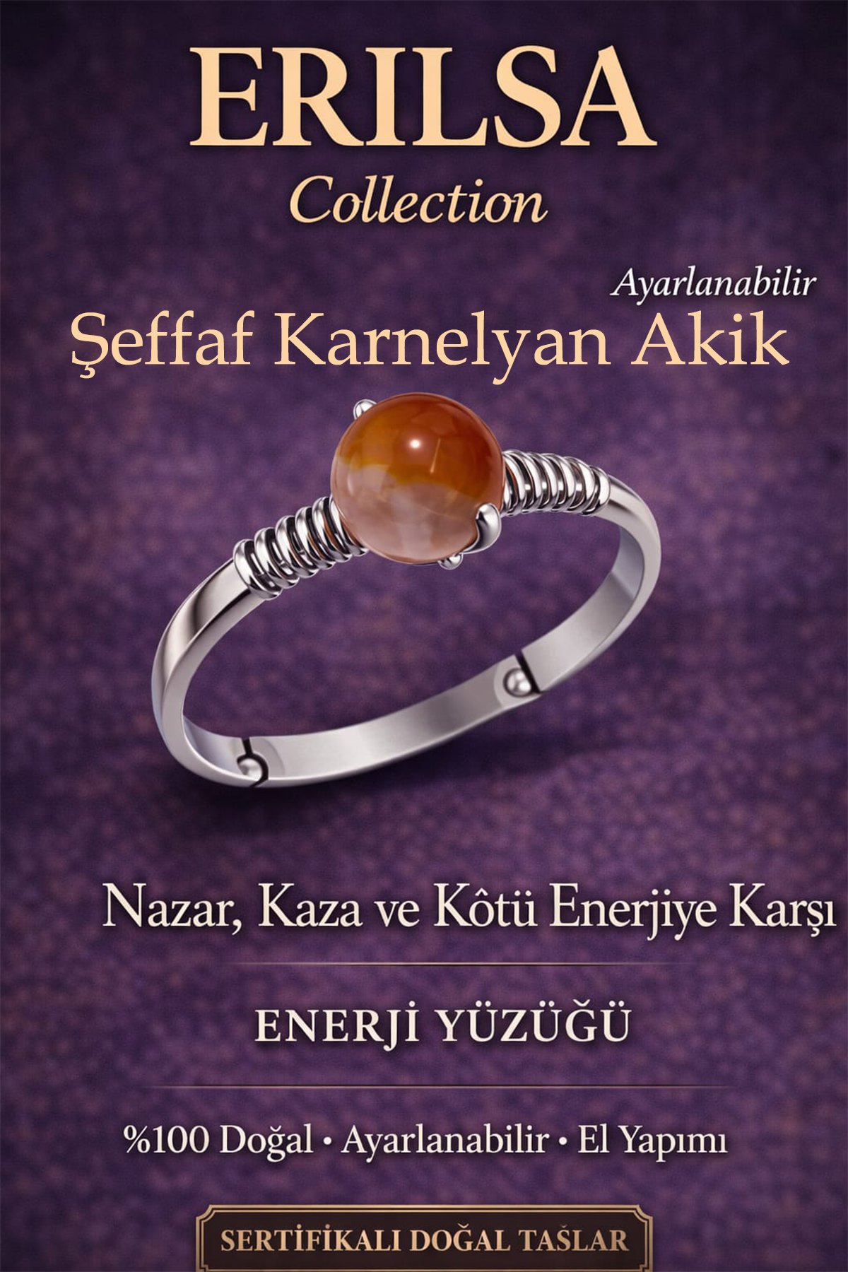 Sertifikalı Nazar Koruma Enerji Yüzüğü – Şeffaf Karnelyan Ayarlamalı İnce Kasa Akrep Koç Oğlak Burcu