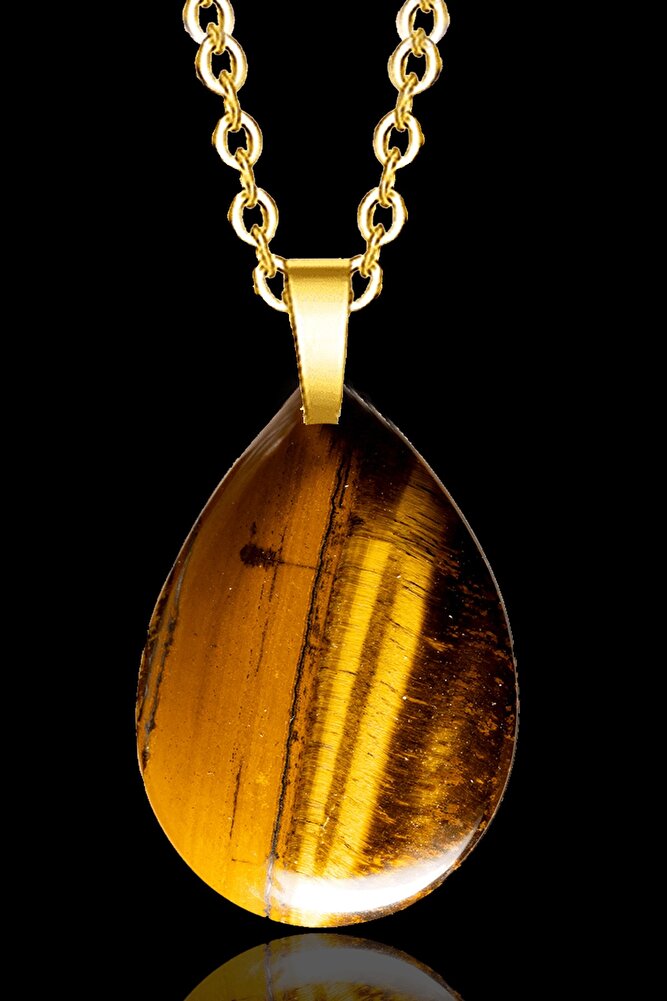 Sertifikalı 24k Altın Kaplama Damla Kesim Kaplan Gözü Taşı Kolye