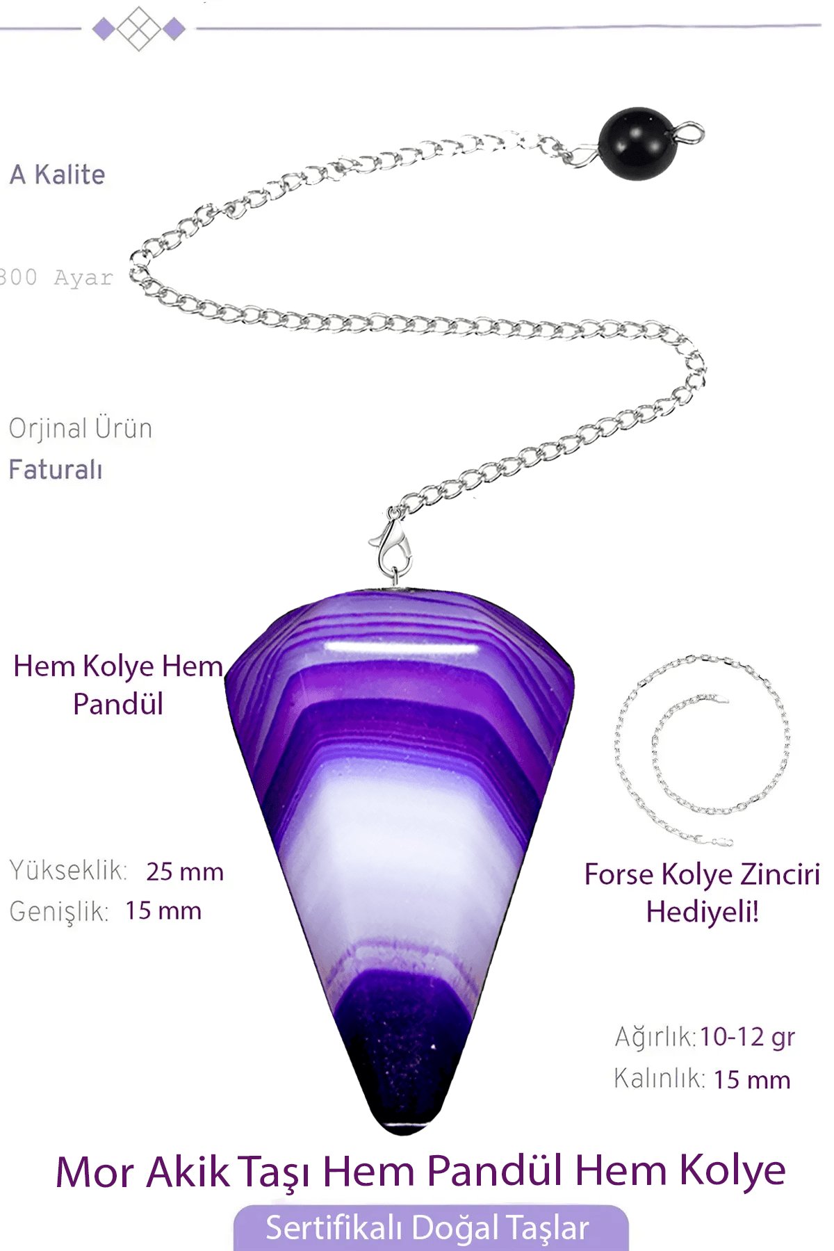 Sertifikalı Mor Akik Taşı Pandül Sarkaç Hem Pandül - Hem Kolye