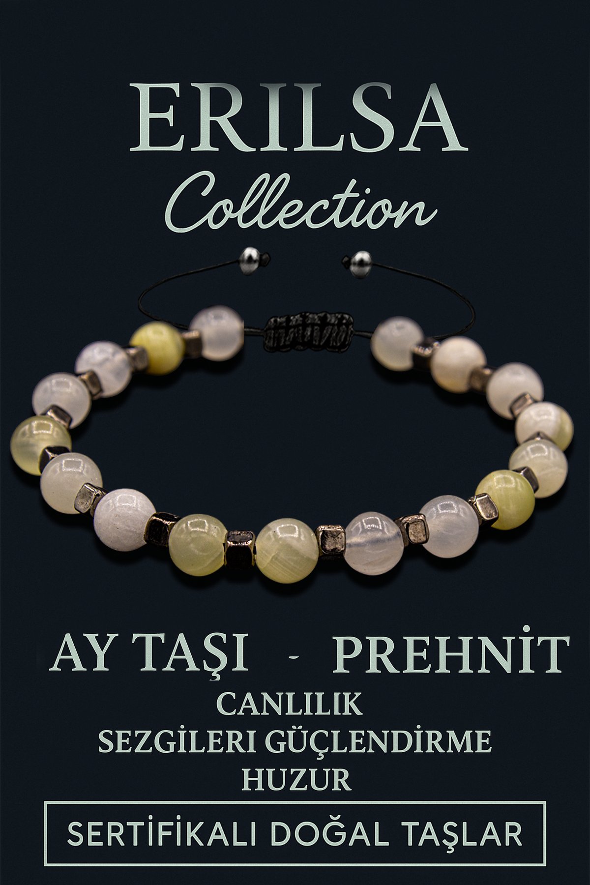 Sertifikalı Terahertz &amp; Ay Taşı - Prehnit Bileklik – Sezgi, Şefkat ve Koruma
