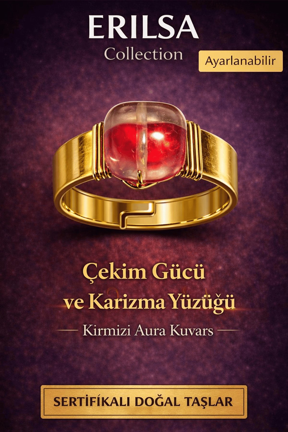 Sertifikalı Kırmızı Aura Kuvars Doğal Taş Yüzük – Çekim Gücü ve Karizma Ayarlanabilir