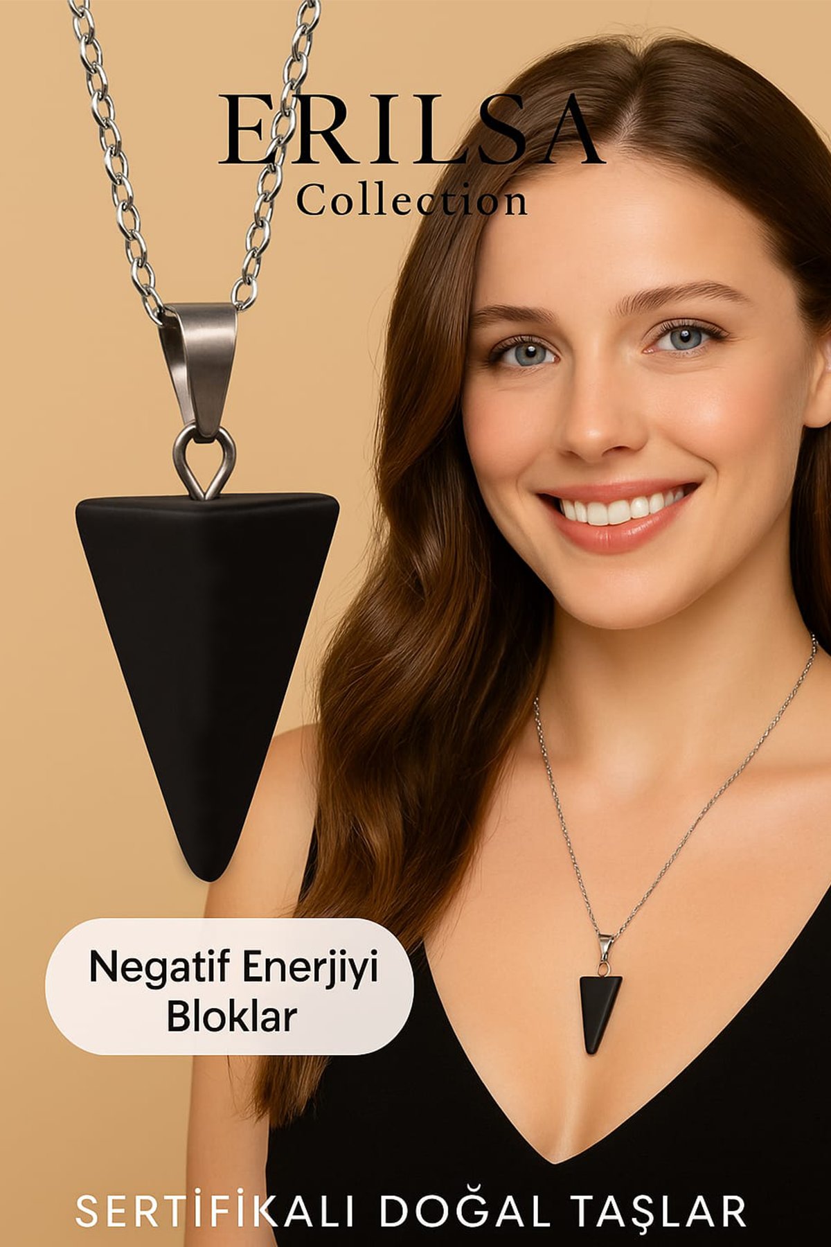 Sertifikalı Üçgen Piramit Model Şungit Doğal Taş Kolye - Negatif Enerji Bloklayan Koruyucu Taş