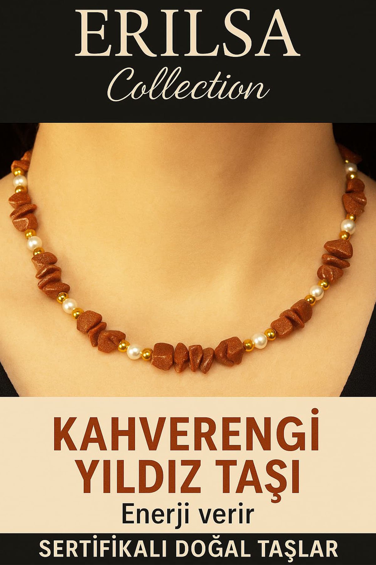 Sertifikalı Kırık Taşlı Model İnci – Kahverengi Yıldız Taşı Kolye – Koruma ve Şans Enerjisi