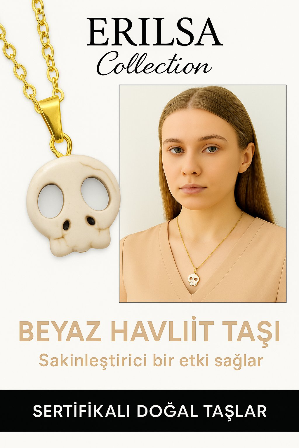 Sertifikalı Altın Renkli İskelet Beyaz Havlit Kolye – Sakinlik, Güç ve Tarzın Cesur Yansıması