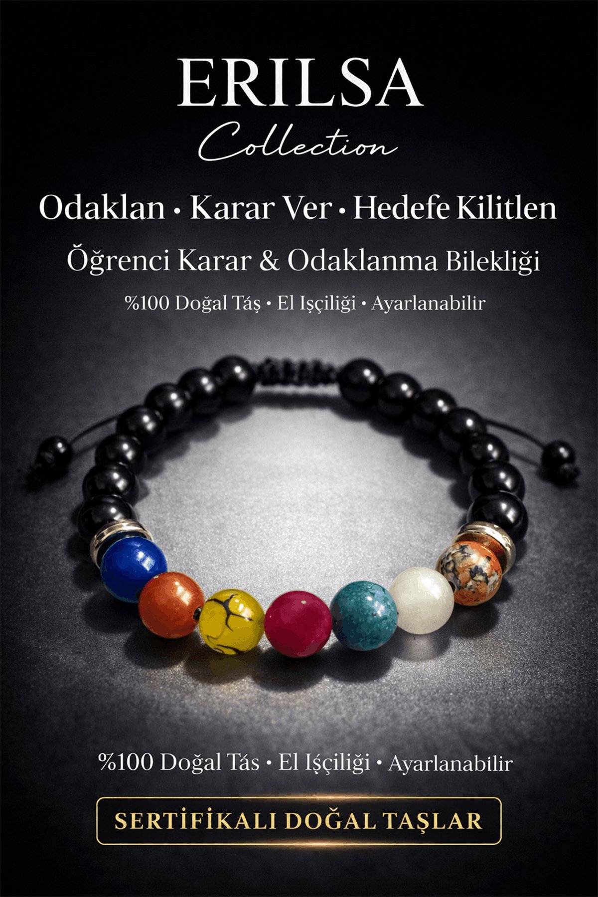 Sertifikalı Öğrenci Bilekliği - Akik Yakut Apatit Jasper Kuvars Obsidyen 8 mm Terahertz Doğal Taş