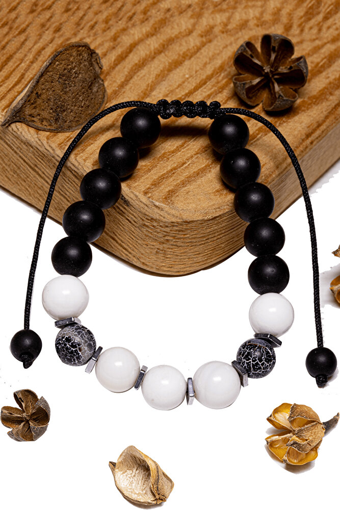 Sertifikalı Siyah Akik - Sedef Taşı Bileklik - Makrome