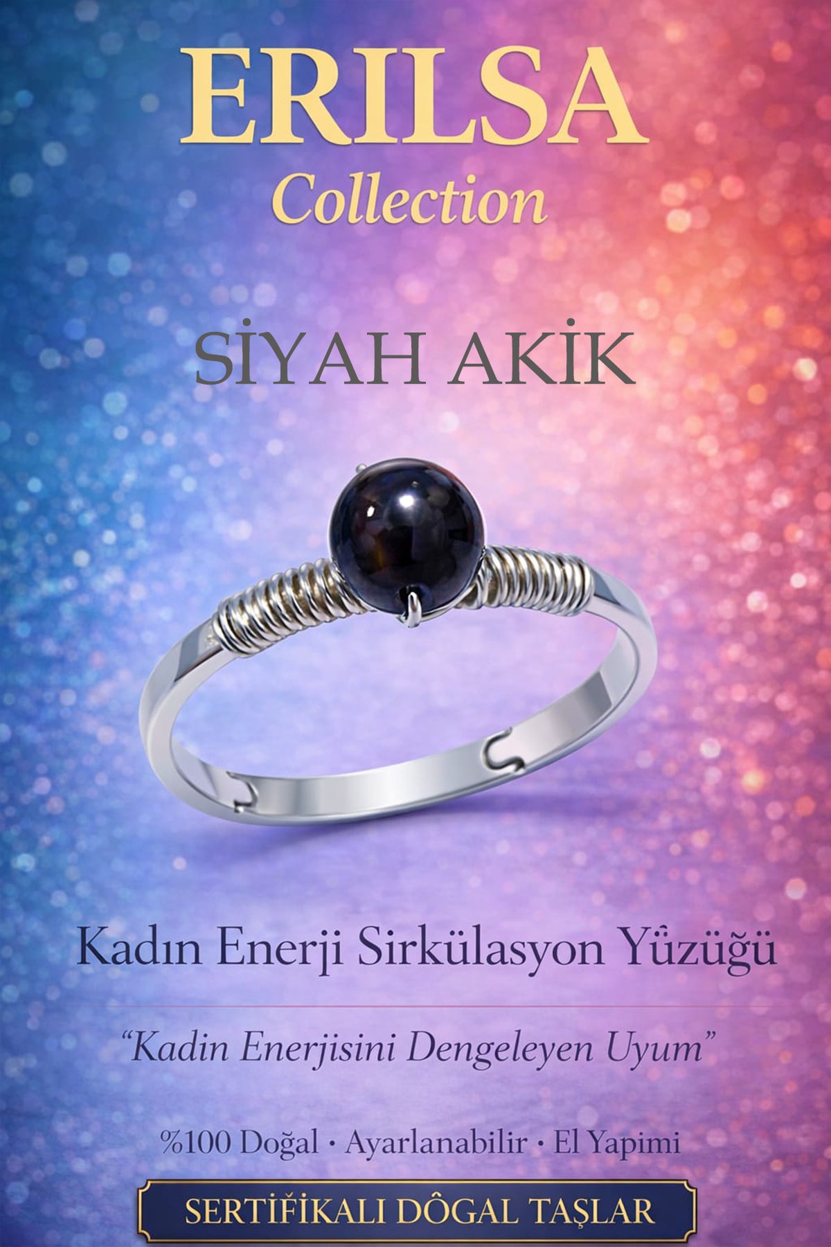 Sertifikalı Kadın Enerji Sirkülasyon Yüzüğü – Siyah Akik Ayarlamalı İnce Akrep Oğlak Yengeç Burcu