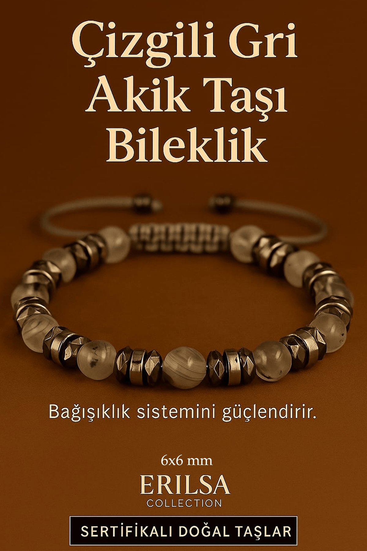 Sertifikalı Çizgili Gri Akik Taşı Bileklik 6x6 mm – Bağışıklık ve Dayanıklılık Taşı