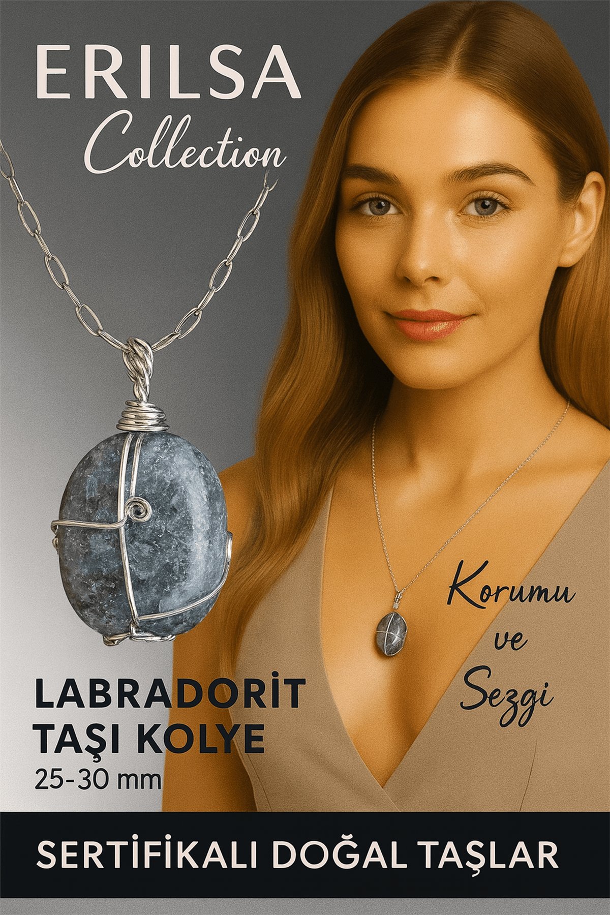 Sertifikalı Gümüş Tel Sargılı Doğal Labradorit Taşı Kolye – 25-30 mm Sezgi ve Koruma Taşı