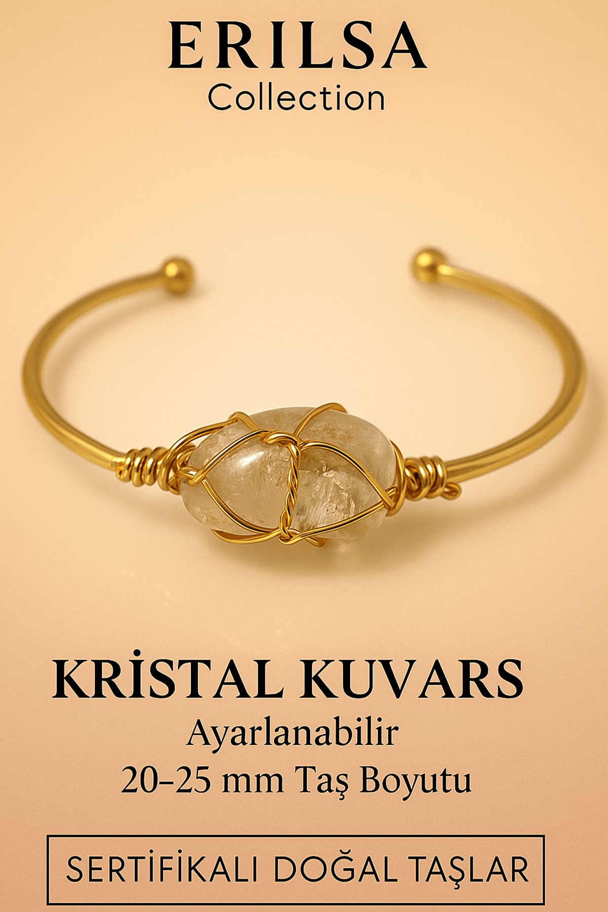 Sertifikalı Doğal Kristal Kuvars Taşı Ayarlanabilir 24K Altın Kaplama Bileklik 20-25 mm
