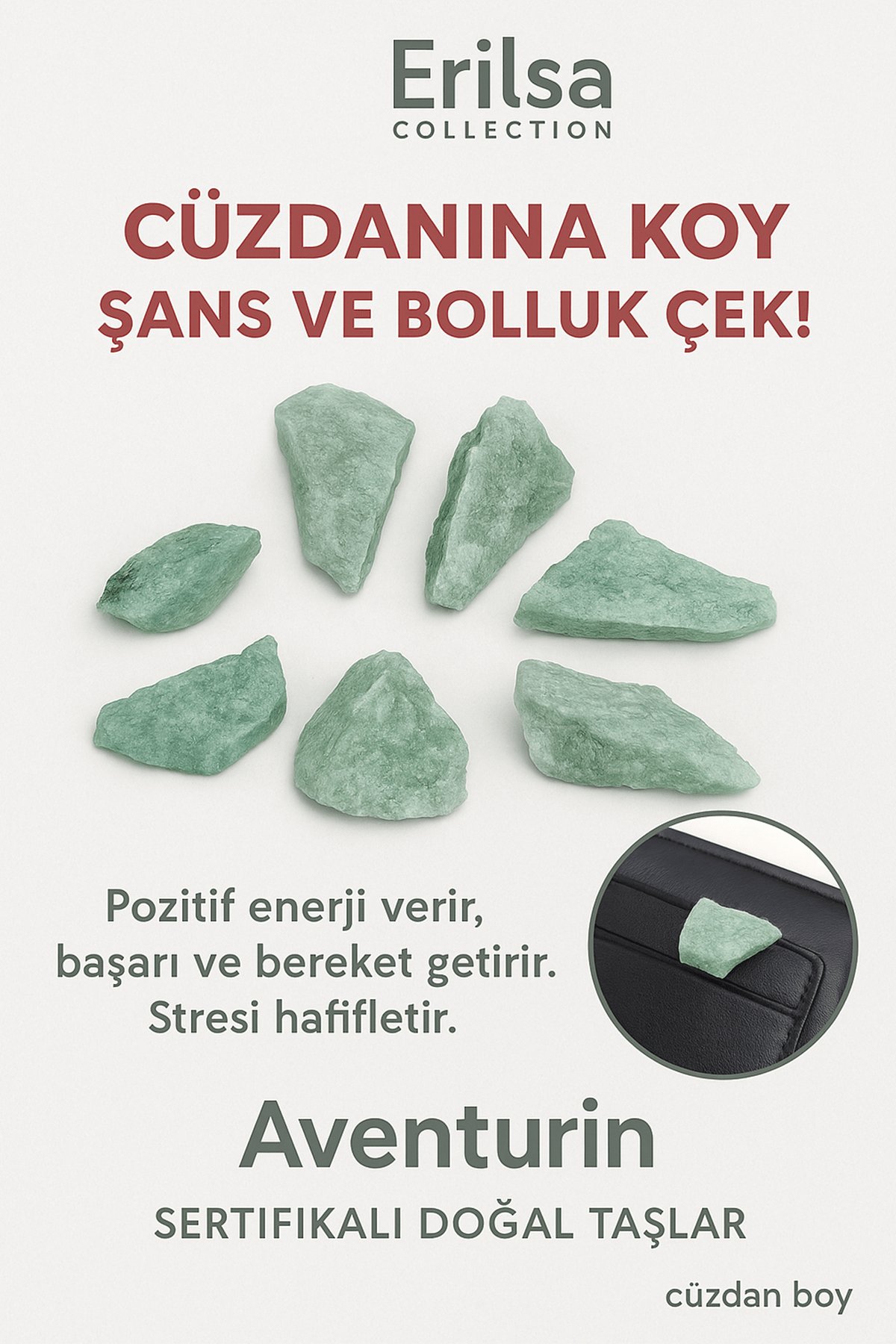 Sertifikalı Ham Cüzdan Boy Aventurin Taşı Kütle - El Taşı - Şans, Huzur ve Günlük Denge Taşı