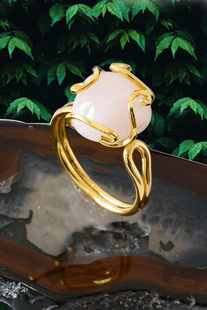 Sertifikalı Gold Rokoko Model Pembe Kuvars Taşı Yüzük - Ayarlamalı