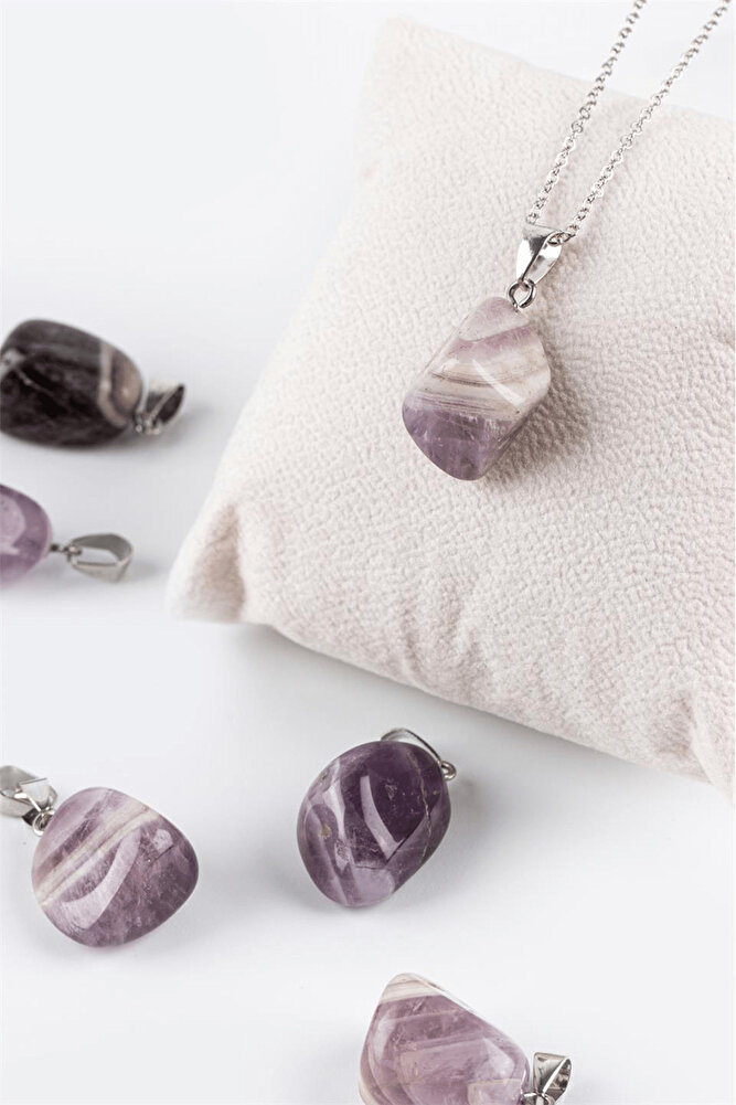 Sertifikalı Tambur Model Ametist Taşı Kolye (GÜMÜŞ APARATLI)