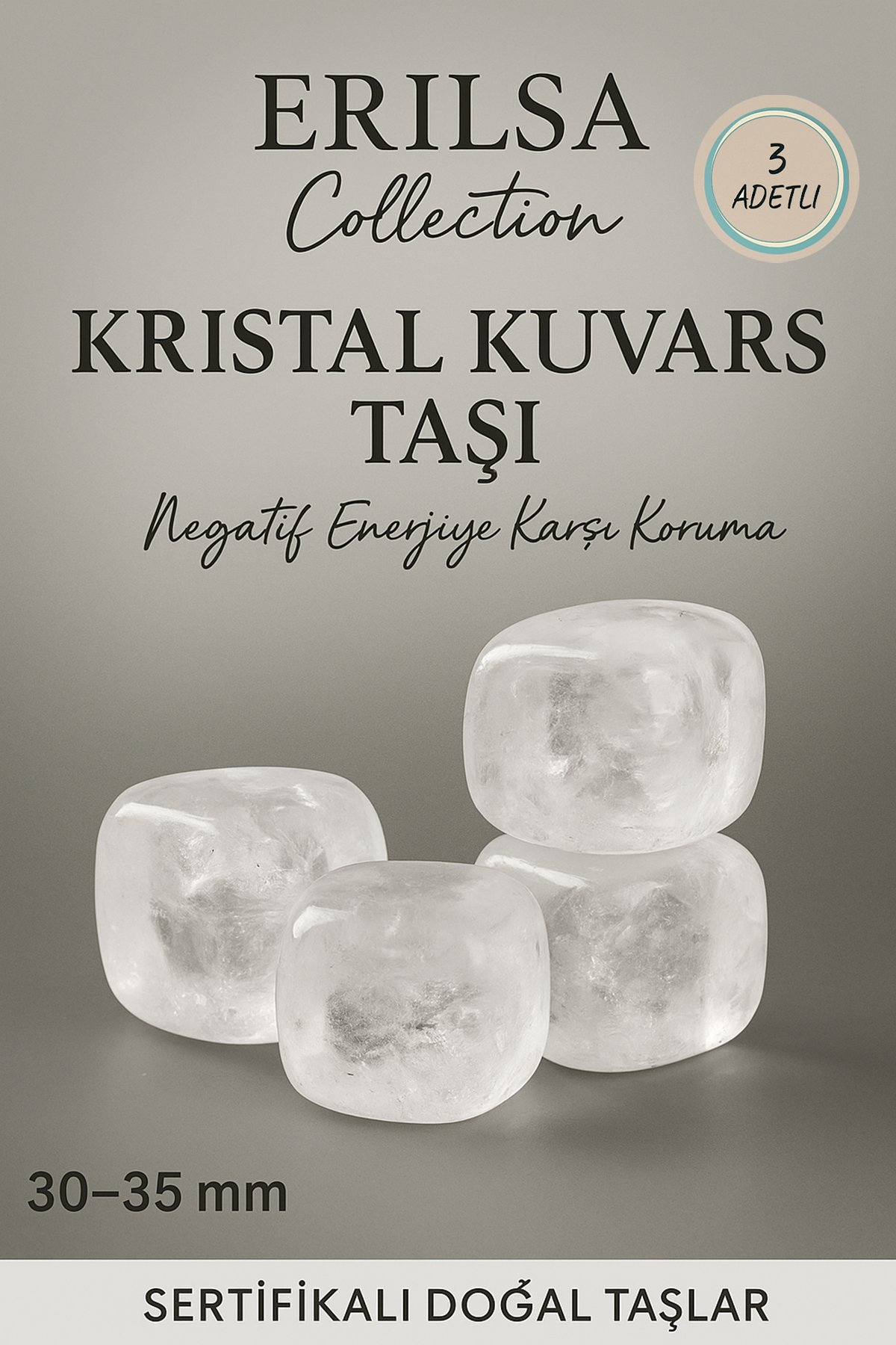 Sertifikalı Kristal Kuvars Taşı Doğal Taş Kütle 3 Adetli – Enerji ve Şifa Taşı – 30-35 mm