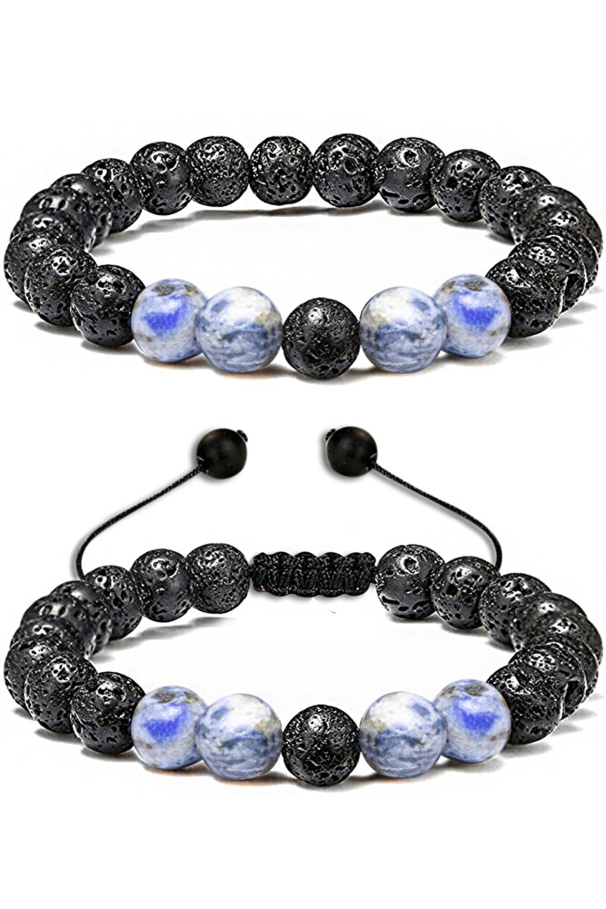 Sertifikalı Doğal Sodalit Volkanik Lav Taşı Doğal Taş Bileklik Seti